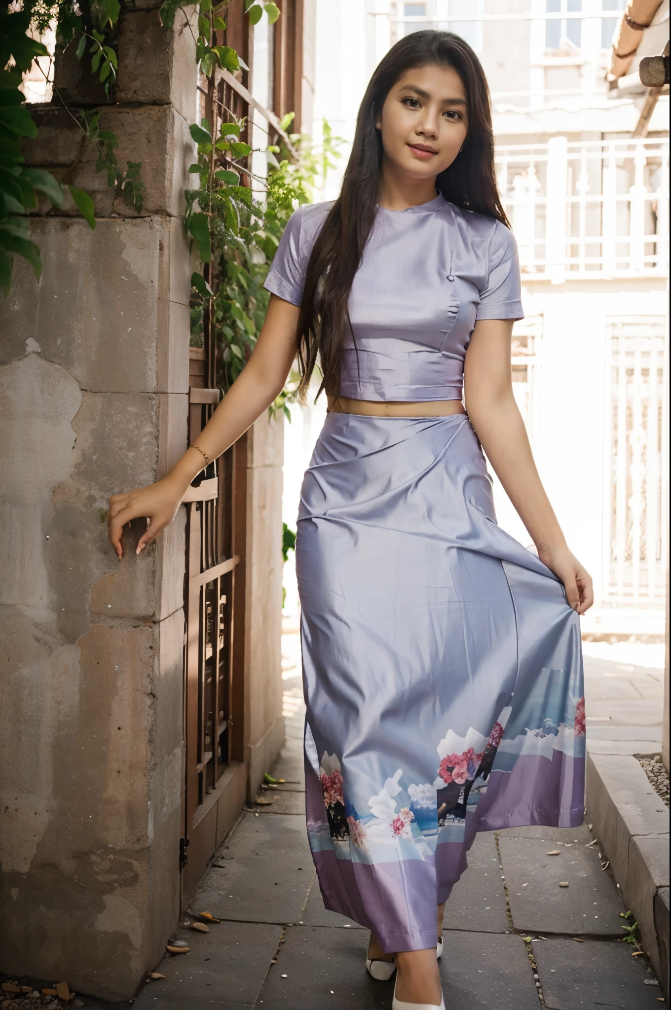 A beautiful 1 girl,walk on,acmm ss outfit, wearing acmm top, light purple acmm top, short sleeves, buttons, wearing acmm long skirt, white and pink with printed acmm long skirt