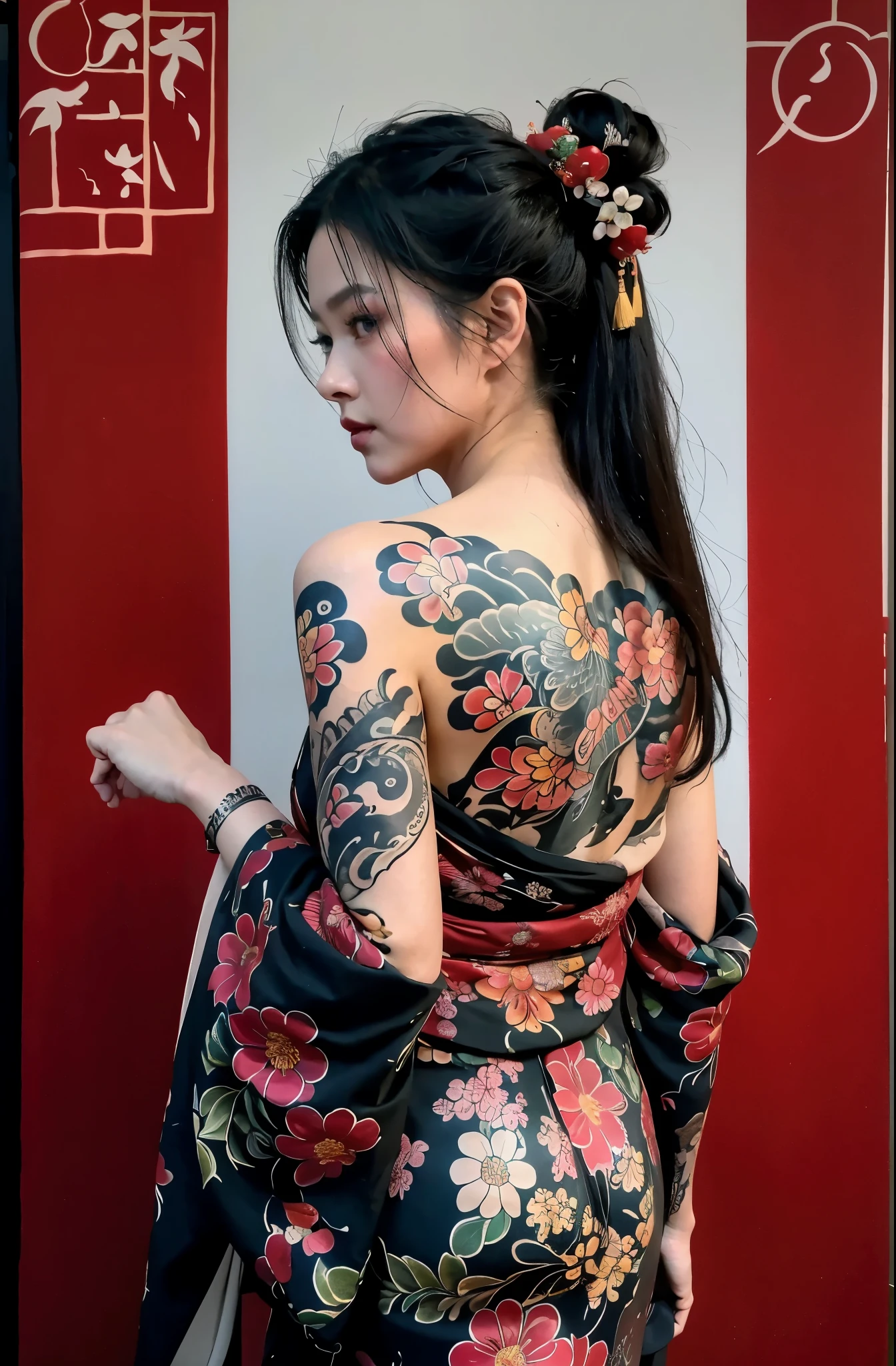 masterpiece, top quality, best quality, official art, beautiful and aesthetic:1.2),1girl, tattoo, solo, japanese clothes, red and black kimono, hair ornament, unsheathing, black hair, sheath, back tattoo, blue eyes, off shoulder, bare shoulders, looking back, from behind, flower, looking at viewer, holding, makeup, outdoor