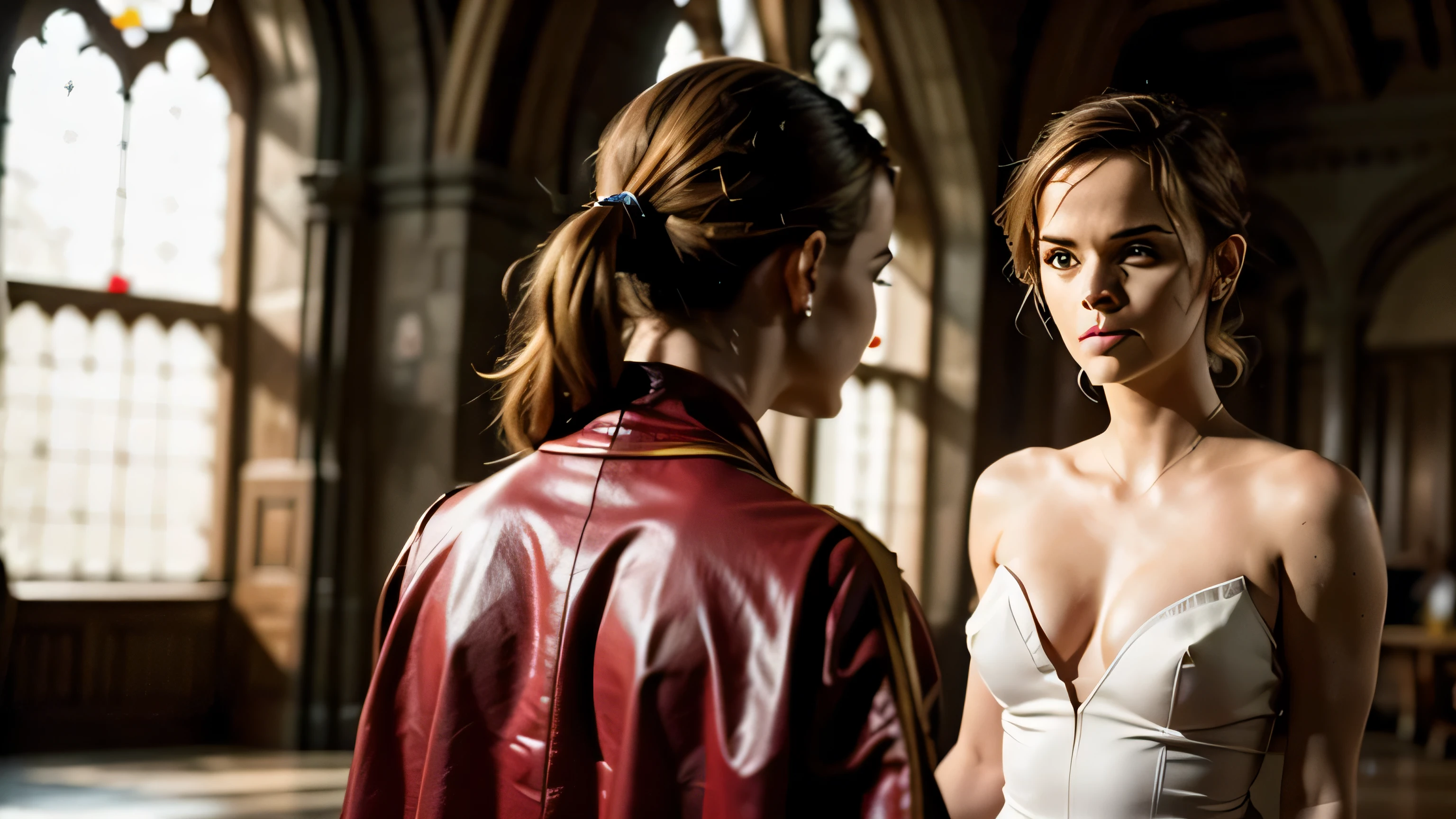 ((Charlize Theron)) in a white netrunner suit that is revealing more than it is hiding speaks with ((Emma Watson)) in a great hall in Hogwarts wearing only a red wizard garment