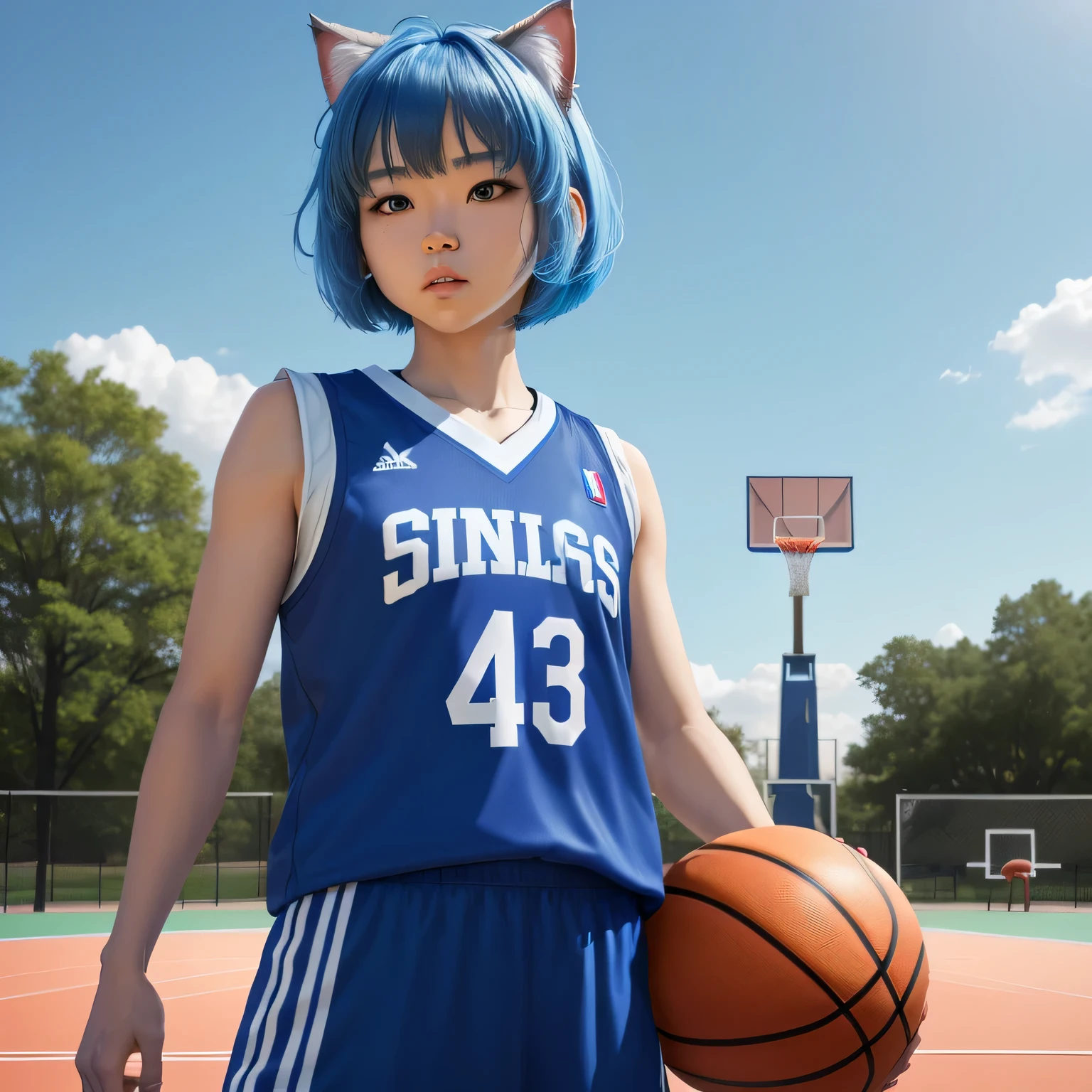 (8k, HDR, RAW photo, best quality, masterpiece:1.2, realistic lighting), long shot view, korean girl, solo, serious expression, wearing blue basketball shirt, blue skirt, (bob cuts hair), ((sky blue hair)), (messy hair), path traced hair, (sky blue cat ears), ((sky blue eyes)), beauty eyes, (thin face), (flat chest), (small breasts), (basketball court:1.3), playing basketball, look up, upper body.