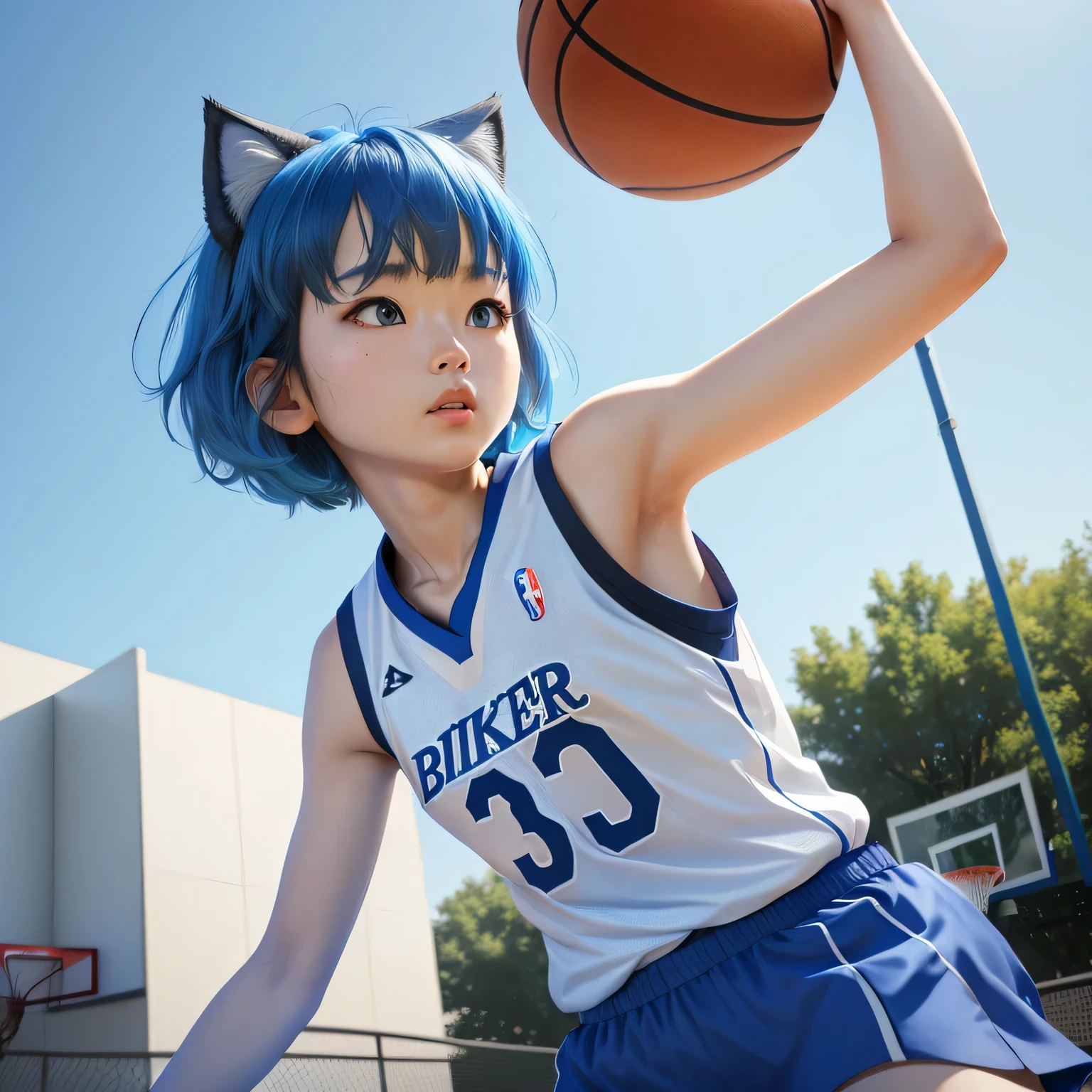 (8k, HDR, RAW photo, best quality, masterpiece:1.2, realistic lighting), long shot view, korean girl, solo, serious expression, wearing blue basketball shirt, blue skirt, (bob cuts hair), ((sky blue hair)), (messy hair), path traced hair, (sky blue cat ears), ((sky blue eyes)), beauty eyes, (thin face), (flat chest), (small breasts), (basketball court:1.3), playing basketball, look up, upper body.