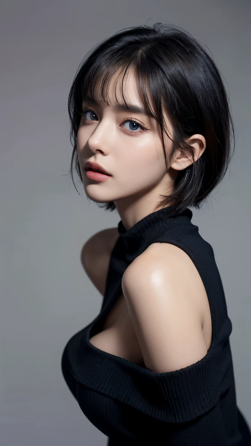 ultra high res, masterpiece, best quality, perfect glossy shiny skins, perfect lighting, detailed lighting, dramatic shadows, ray tracing, 1girl, black sweater, looking at viewer, off shoulder, Big breasts, Exposed cleavage, blue Eyes, sharp face, sharp eyes, long bangs, short cut hair, nsfw, ((Dark background)), upper body,