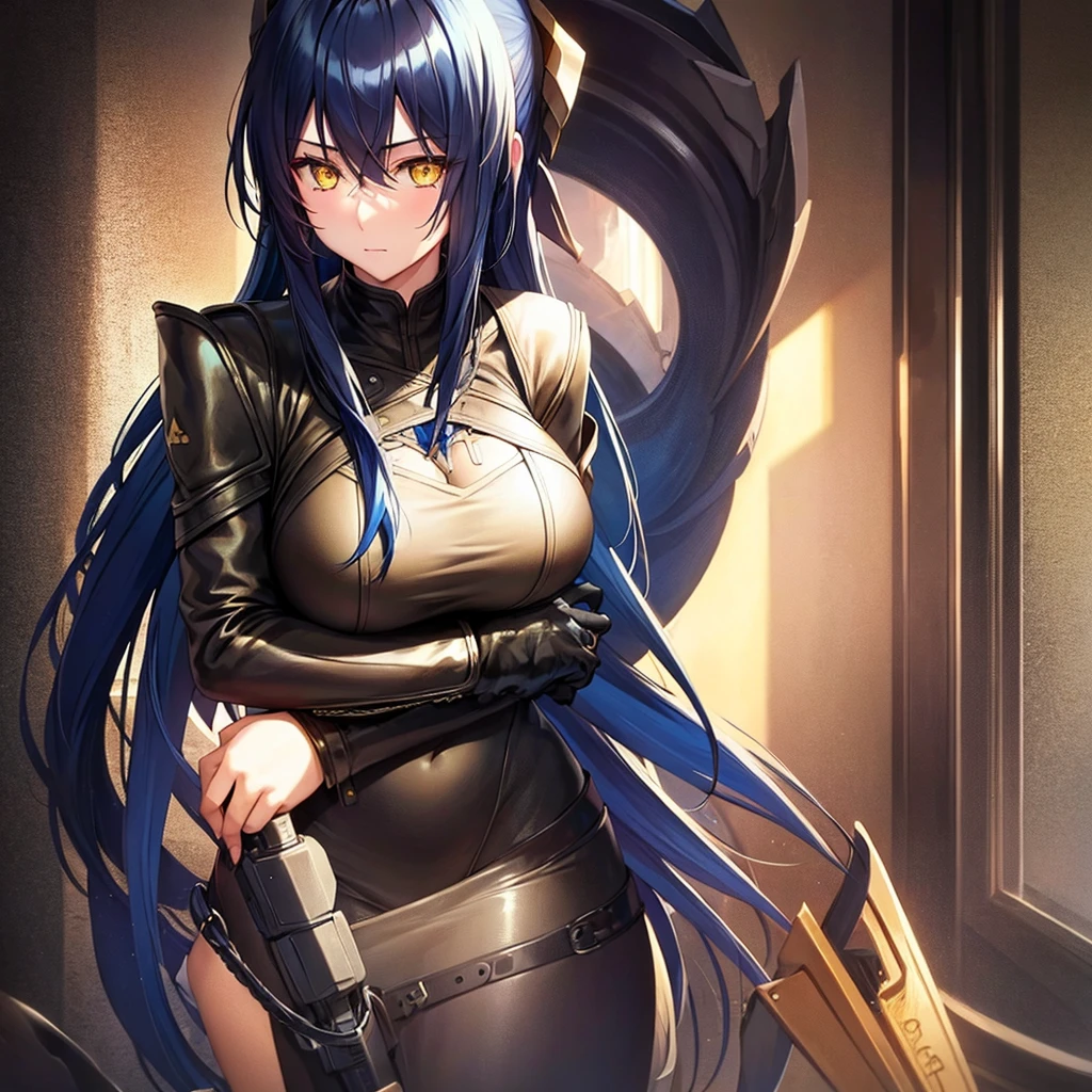 anime girl, blue and black hair, yellow eyes, long hair, leather suit, beautiful woman, hug,
