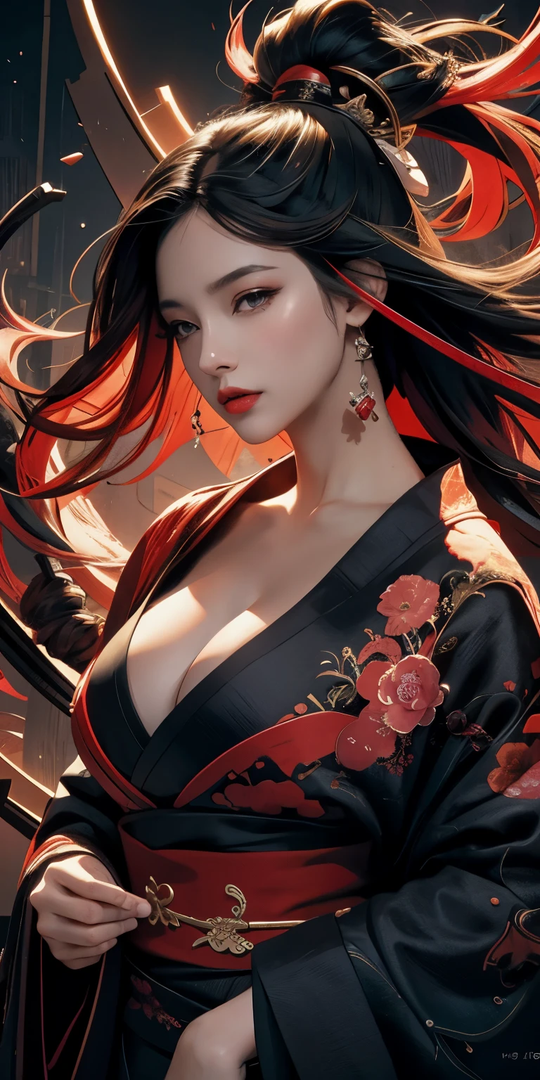 official art, unity 8k wallpaper, ultra detailed, beautiful and aesthetic, beautiful, masterpiece, best quality, dynamic angle, cowboyshot, the most beautiful form of chaos, elegant, a brutalist designed, vivid colours, romanticism, atmospheric, red and black kimono, kitsune , cleavage,