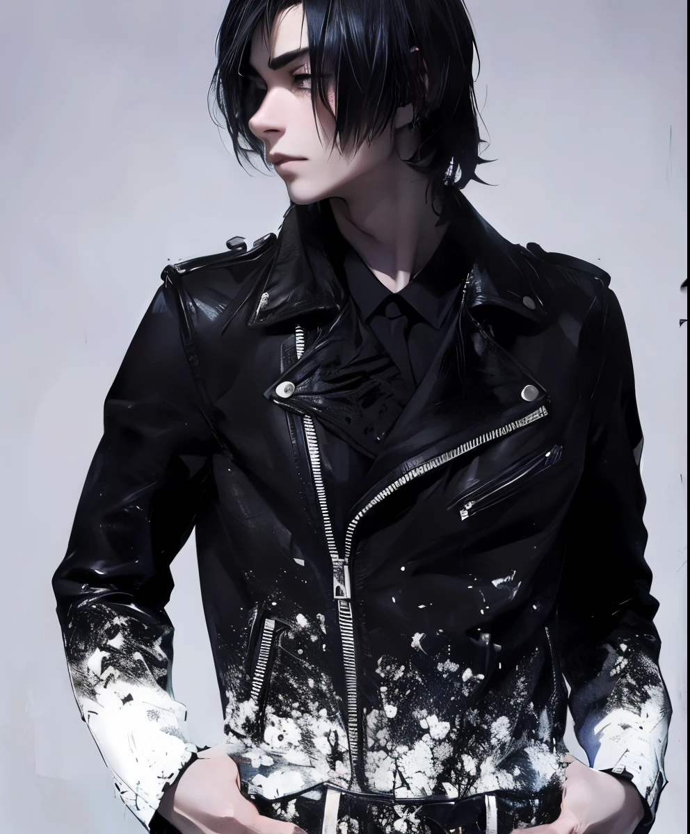 beautiful young man with black hair。black stylish leather jacket。