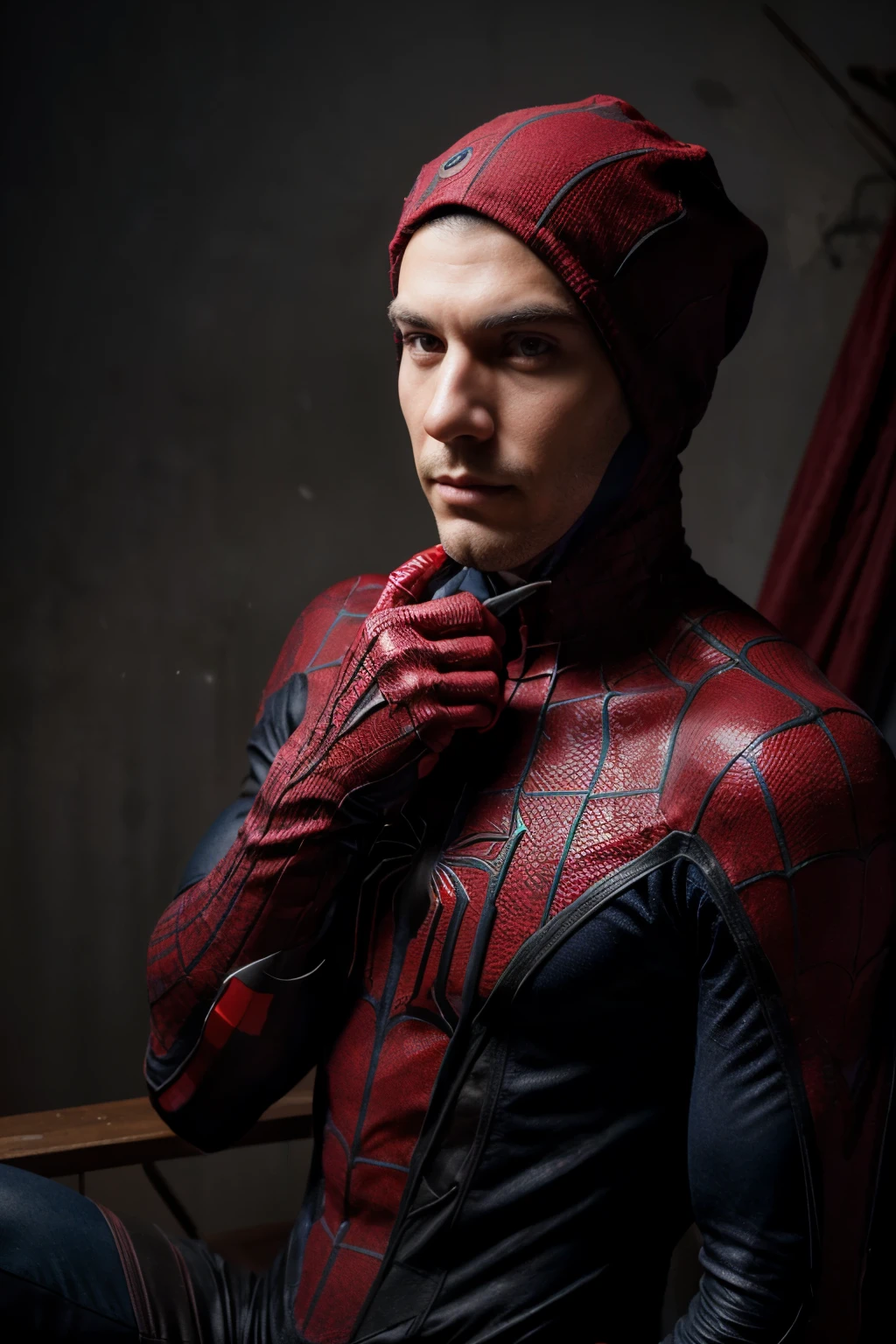 Generate a super realistic photograph of Man:: Man is a cosplayer:: Spider-man cosplayer:: Perfect face:: Man whithout hair:: No hair:: Man in a red and blue suit with a spider symbol on the chest, red gloves, winter hat covering all head, a web-shooter:: Man with shaved face:: wide shot:: photography studio:: professional lighting:: background is a light black gradient:: using a digital single-lens reflex camera (DSLR) with slide film (ISO 50-200) and a prime lens (50mm) to capture the figure in a studio setting:: highlight details and textures.