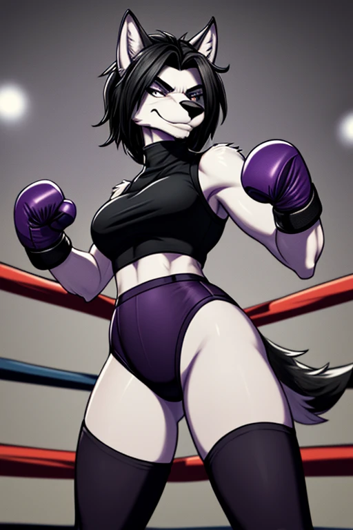 Top quality, Arrogant wolf, arrogant grin, looks at the camera, black hair, in a purple sleeveless high neck top, in purple high-waisted sports briefs, in black thigh-high boots, in black boxing gloves, standing in the boxing ring, raised hands clenched into fists covering the lower part of the face, The illustration shows the whole body