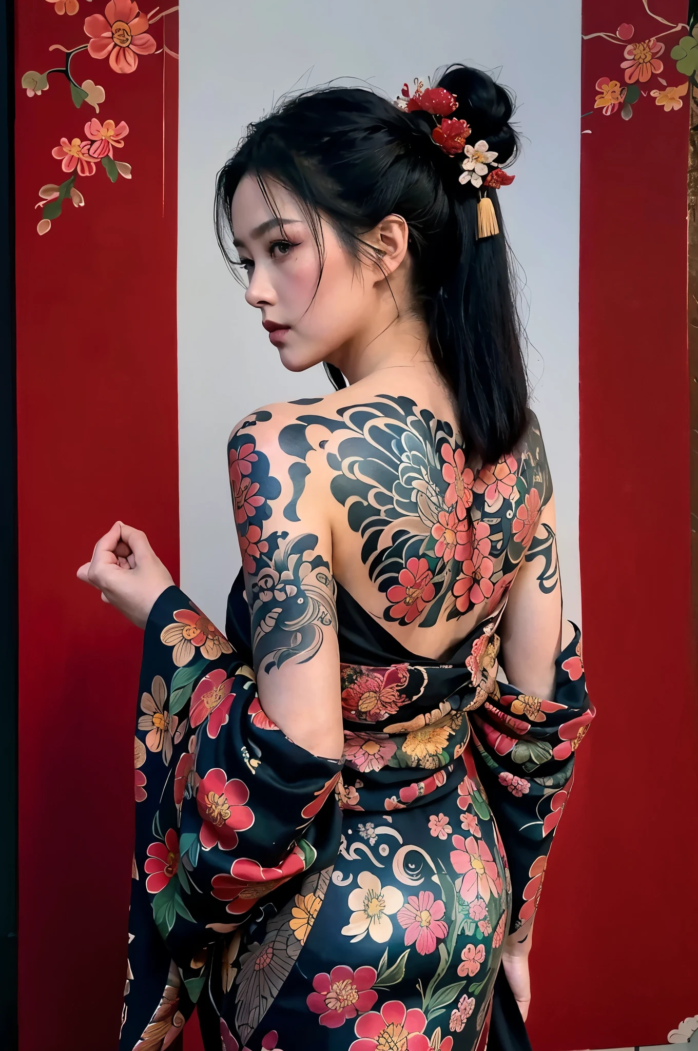 masterpiece, top quality, best quality, official art, beautiful and aesthetic:1.2),1girl, tattoo, solo, japanese clothes, red and black kimono, hair ornament, unsheathing, black hair, sheath, back tattoo, blue eyes, off shoulder, bare shoulders, looking back, from behind, flower, looking at viewer, holding, makeup, outdoor