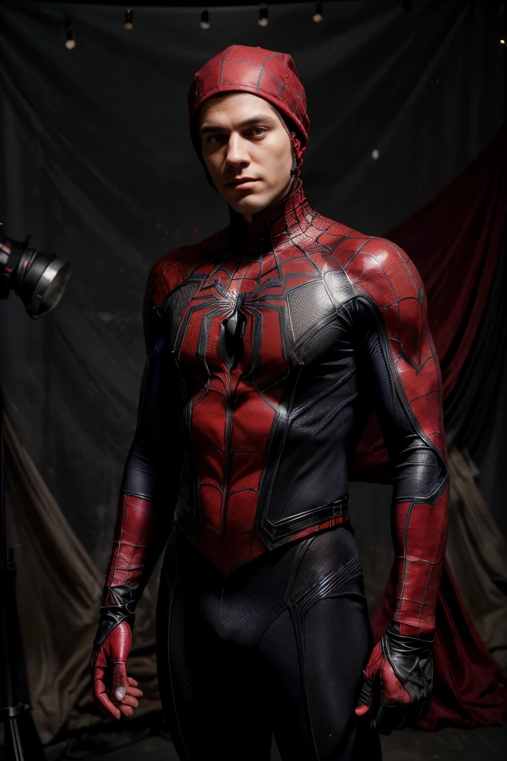 Generate a super realistic photograph of Man:: Man is a cosplayer:: Spider-man cosplayer:: Perfect face:: Man whithout hair:: No hair:: Man in a red and blue suit with a spider symbol on the chest, red gloves, winter hat covering all head, a web-shooter:: Man with shaved face:: wide shot:: photography studio:: professional lighting:: background is a light black gradient:: using a digital single-lens reflex camera (DSLR) with slide film (ISO 50-200) and a prime lens (50mm) to capture the figure in a studio setting:: highlight details and textures.
