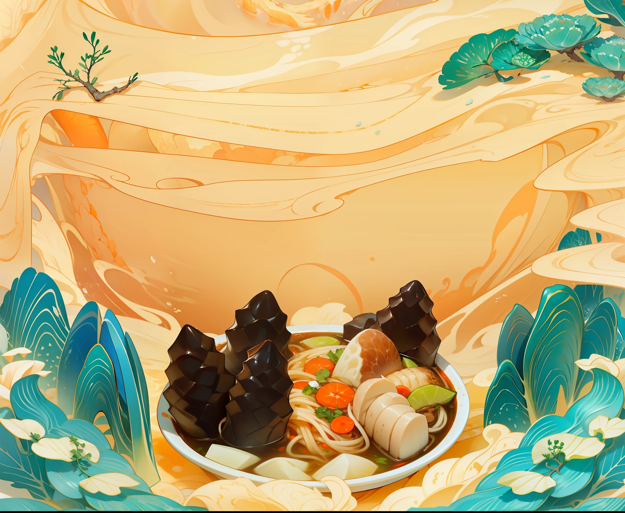 Xiangyun,Mountain,seawater,Ripe,There are thorny sea cucumbers in the big bowl|、abalone、carrot、Noodle、gourmet food、Soup,8k --s50