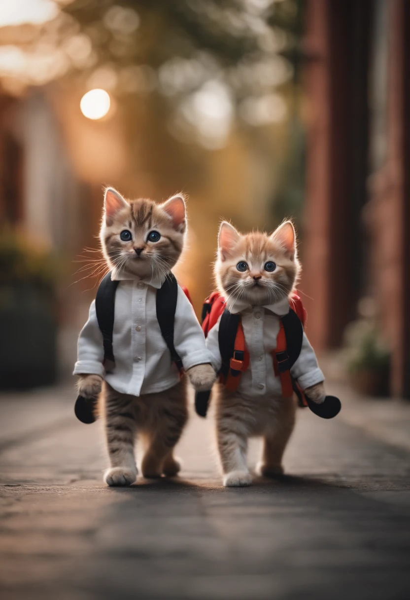 I have two little kittens, a cute little cat, cute kittens, Cutest, Incredibly cute, Adorable and cute, And cute and lovely. They are walking down the street with backpacks, Walking together, commute, Proudly walk down the street, And the cat  walking. They are cute in the style of 🍂 and 🍁, Adorable and cute, Cute and adorable, oh, nice and cute. They are known as real-life Tom and Jerry.