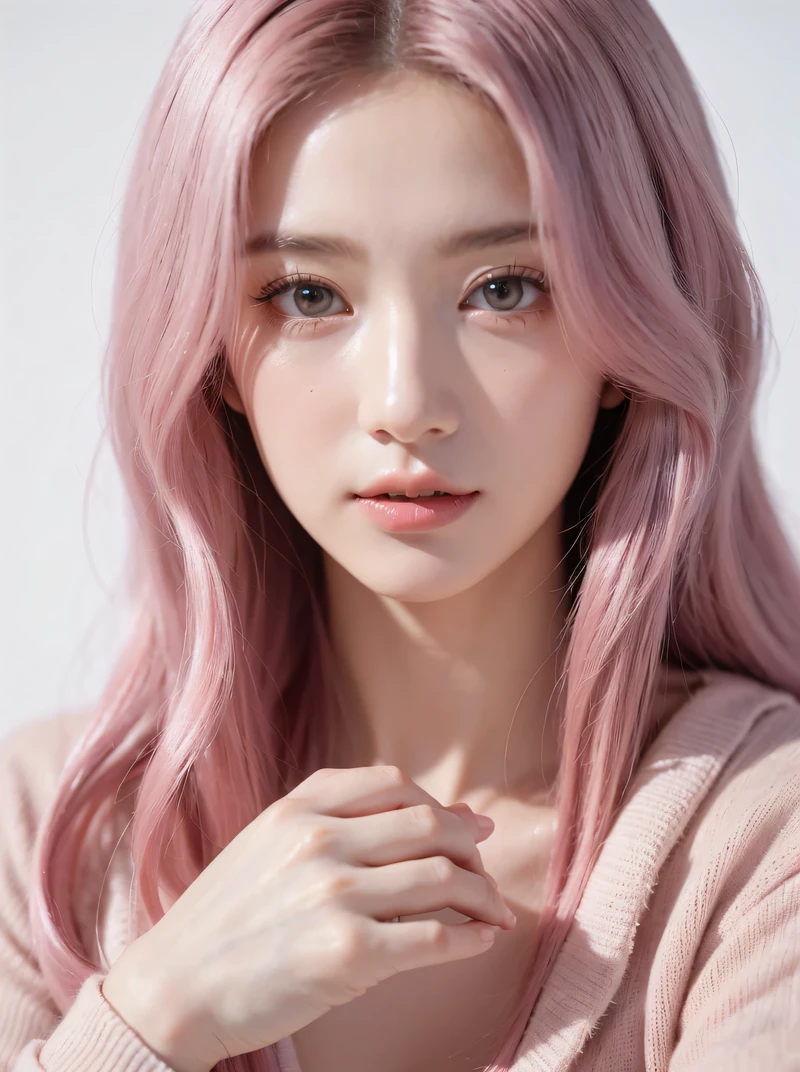((highest quality、8K、master piece:1.3))、1 woman、(long hair、:1.2)、cardigan:1.2、white simple background、super detailed face、detailed eyes、medium hair、(Pink Hair:1.5)、beautiful long black upper eyelashes、beautiful long black lower eyelashes、focus on the face、close up of face