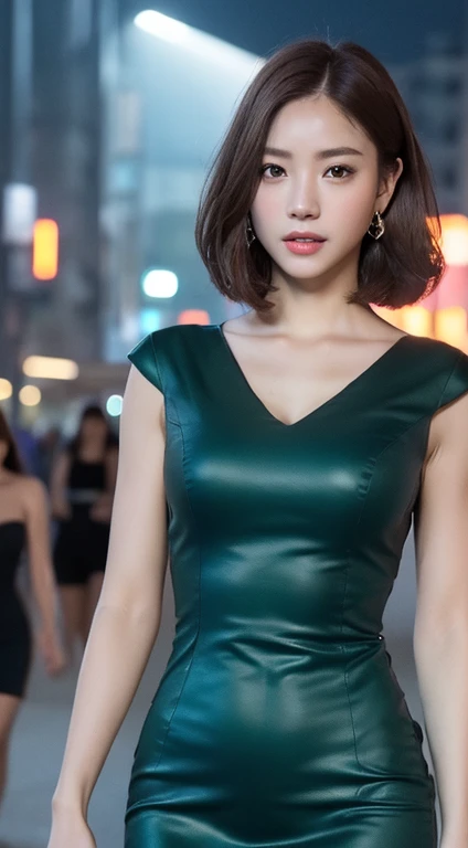 ((realistic lighting, highest quality, 8k, masterpiece: 1.3)), concentrated: 1.2, 1 girl, perfect body beauty: 1.4, slim abs: 1.1, ((dark brown hair)), (aqua dress: 1.4), (outdoor, night: 1.1), city street, super fine face, fine eyes, double eyelid,big breasts