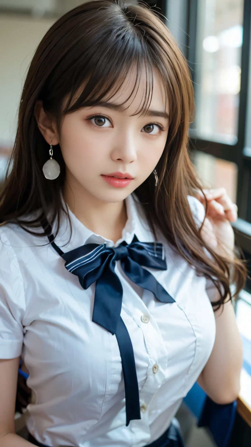 photorealism、highest quality、Super high resolution、picture、Photo of an exquisitely beautiful Scandinavian girl、extraordinary beautiful girl、Highlights of cheek luster、cute and beautiful face details、(Pure Eros Face_v1:0.008)、beautiful bangs、shiny skin、shiny beautiful bright hair、Silky hair、thin hair、high definition eyes、perfect body, Bright and clear, Eyes shine attractively、eyeliner、Body shape like double eyelids、Sparkling small earrings and necklace、18-year-old, A neat and clean woman , upturned chest, On a desk in a classroom、Black-brown hair、blue gray eyes,(girls high school uniform:1.4)、