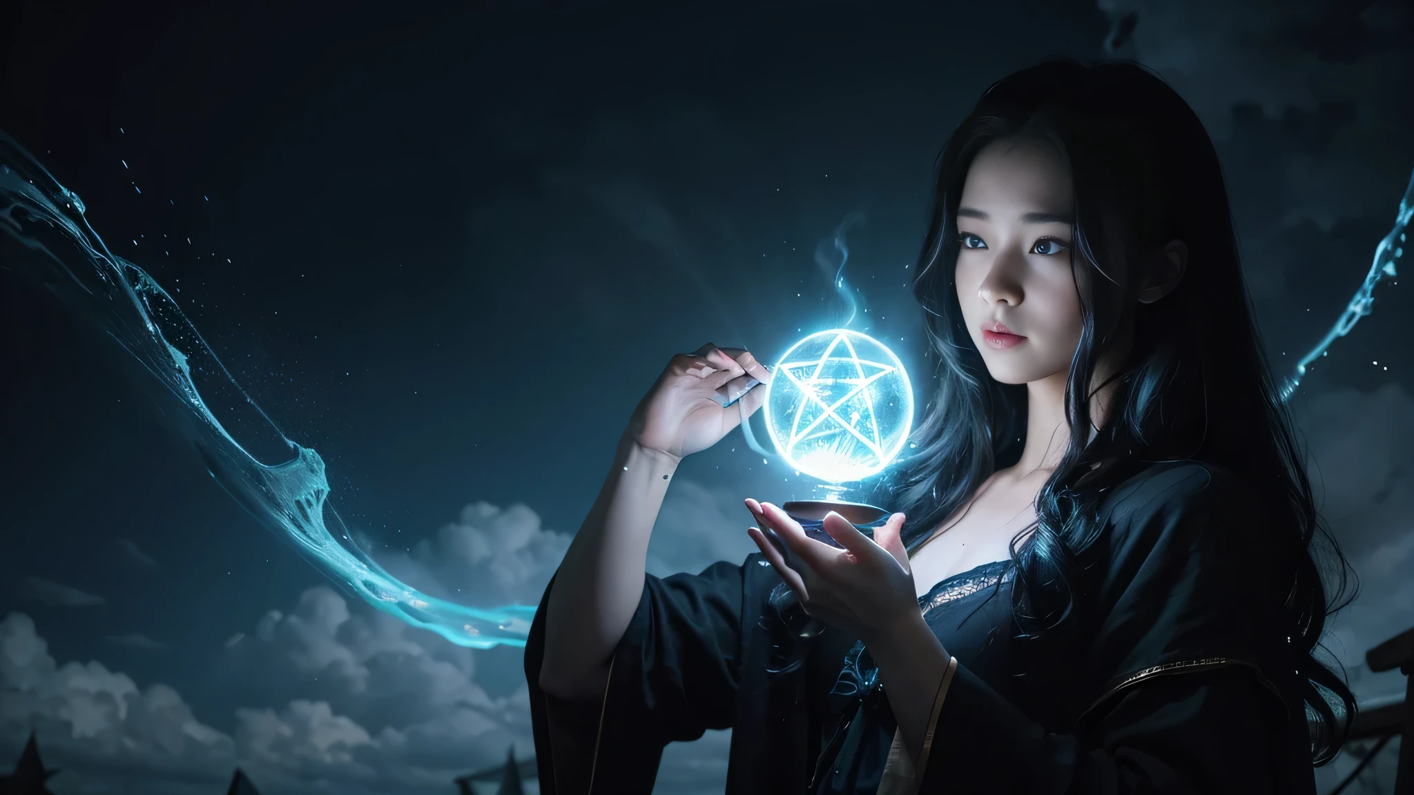above the rising clouds,night time, deep green, (fantasy),unlimited,deep blue sky,abyss of knowledge,Cowledge,((muste piece)), (((best quality))),((beautiful small eyes)),(eyelashes)、realistic clouds、very beautiful face、Ultra high definition、high fantasy castle、Beautiful girl with a huge golem、(1 girl)、black hair、long hair、eyes of the abyss、Glossy skin、oil、small breasts、perfect human structure、wizard's robe、giant、tattered cloth、realistic fur、Tzeentch、超繊細なCGユニティ32kwallpaper、photoreal、masterpiece, ((Super detailed)), ((An illustration)),colorful,wallpaper,energy,fear of the unknown,difficult to understand,around the magic,magical surroundings,magic wand,Boken,Pages flying around in the sky,know everything,predict the future、know the past、unlimitedの知恵、blue flame、magician、magic circle、pentagram、incantation、mantra、singing magic