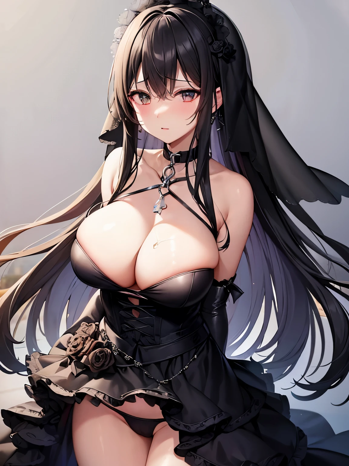 (((Chain reins on collar、bend down、bottomless、Insert a vibrator into your panties、Love juice overflows、jet black wedding dress、jet black wedding veil、bouquet of black roses)))church、late night、darkness、