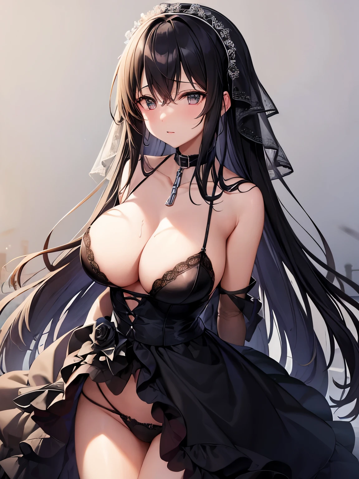(((Chain reins on collar、bend down、bottomless、Insert a vibrator into your panties、love juice overflows、jet black wedding dress、jet black wedding veil、bouquet of black roses)))church、late night、darkness、