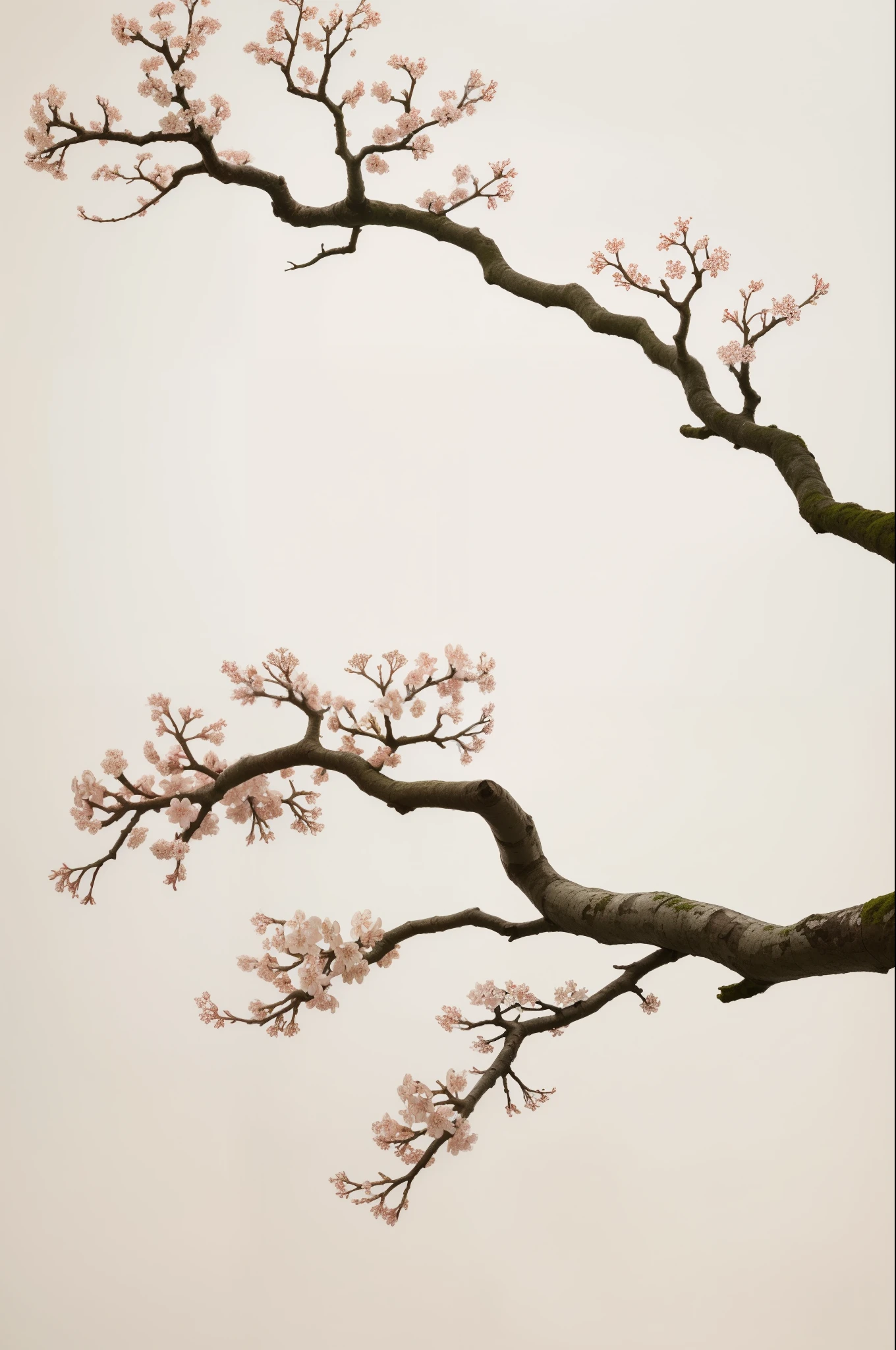 cherry blossom flower blooming on a gnarled branch against a white background, background, in the style of light orange and light beige, minimalist images, photography installations, paleocore, green and crimson, hyper-realistic, poetic intimacy, waterart
