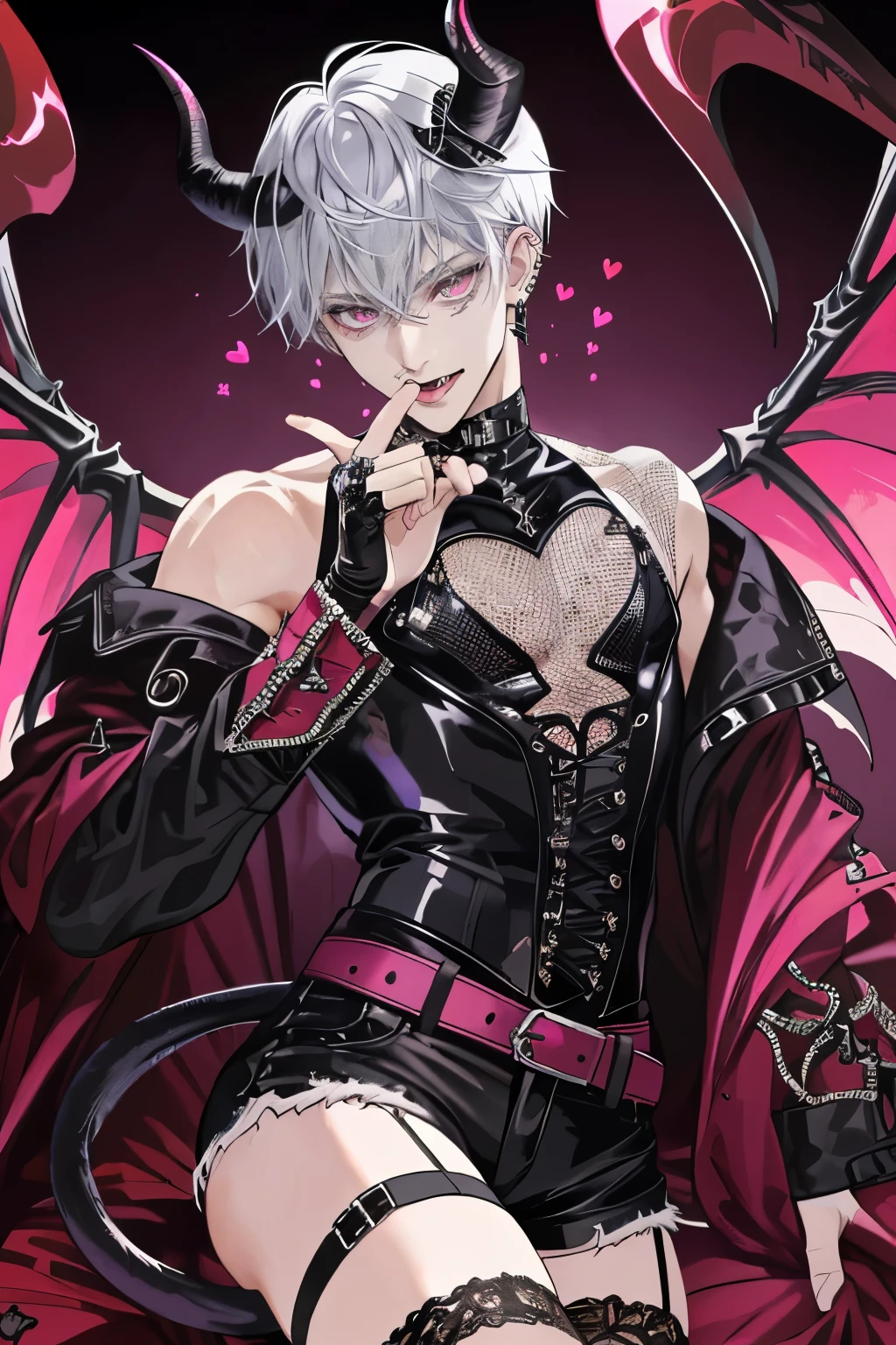 1boy, Toned, cosmic forces, hard disk, masutepiece, Vibrant, Black boots, Dead expressions, masutepiece, High quality, Best Quality, ultra-detailliert, 1 boy, Tall boy, incubus, No Underwear, Raise your buttocks, Short hair, Silver hair, Hot pink eyes, pale skin, Tongue sticking out, long tongue, anguish, Heart-shaped eyes, Heart-shaped pupil, fine detailed eyes, Unusual shape, ((Lots of piercings)), Goth Boy, (Fishnet stockings, gothic print:1.25) Boy in black and white costume, Boy in Gothic costume, large boots, High heel, With a boy wearing a black leather garter belt (Multiple leather straps, Multiple iron chains mounted on a ring:1.125), Shorts, ((Devil Wings, Tail and horns)), Highly detailed fine art, (finely detailed beautiful eyes and detailed face), delicate portrayal of facial features, Detailed Metal Jewelry, dramatic compositions, Cinematic lighting