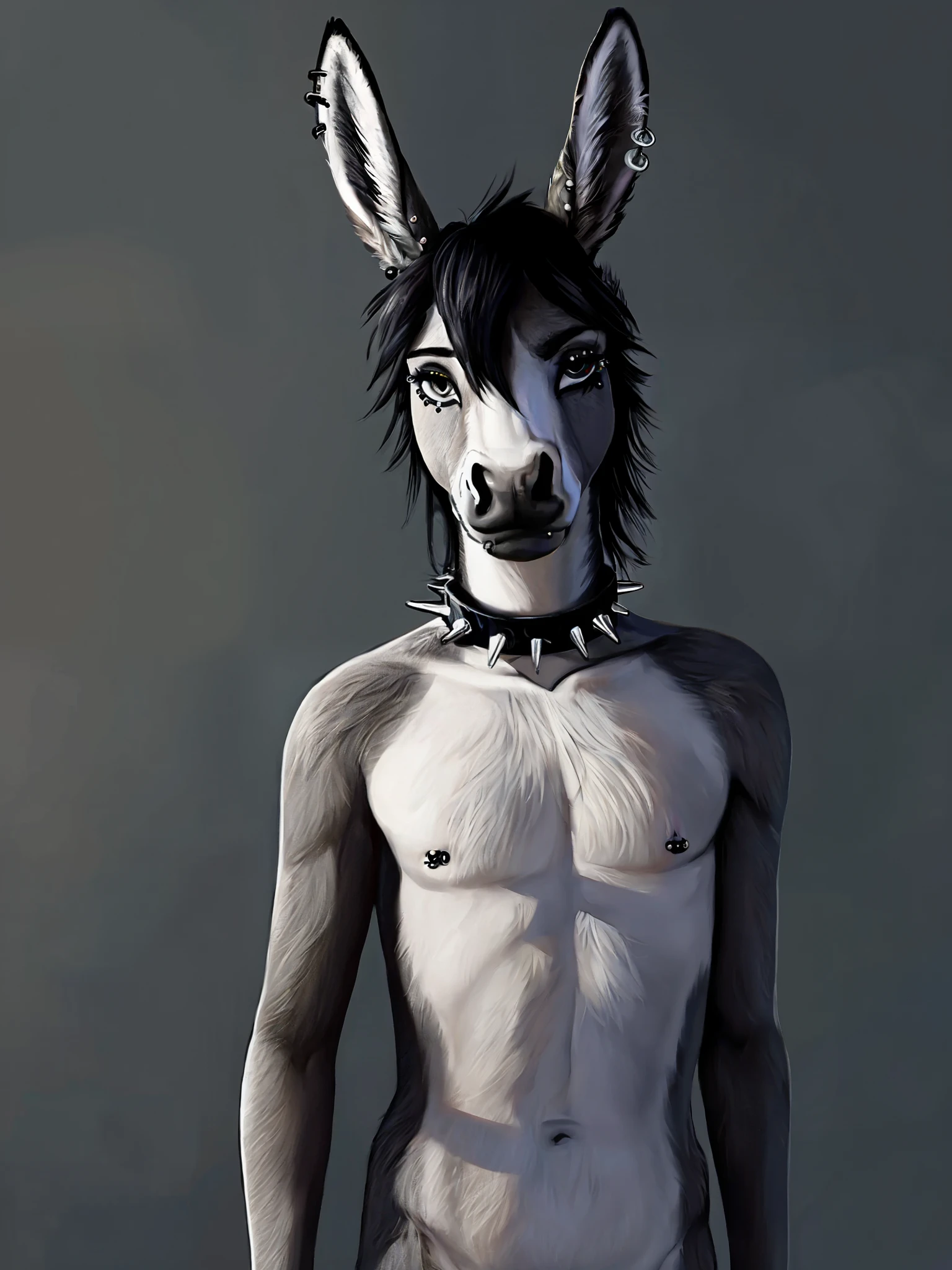 donkey, male, grey fur, equine penis, naked, slim body, feminine male, realistic, goth eyeliner, full body standing, body portrait photo, spiked collar, ear piercings, nose piercing, lip piercing, brow piercing, one pentagram tattoo on shoulder