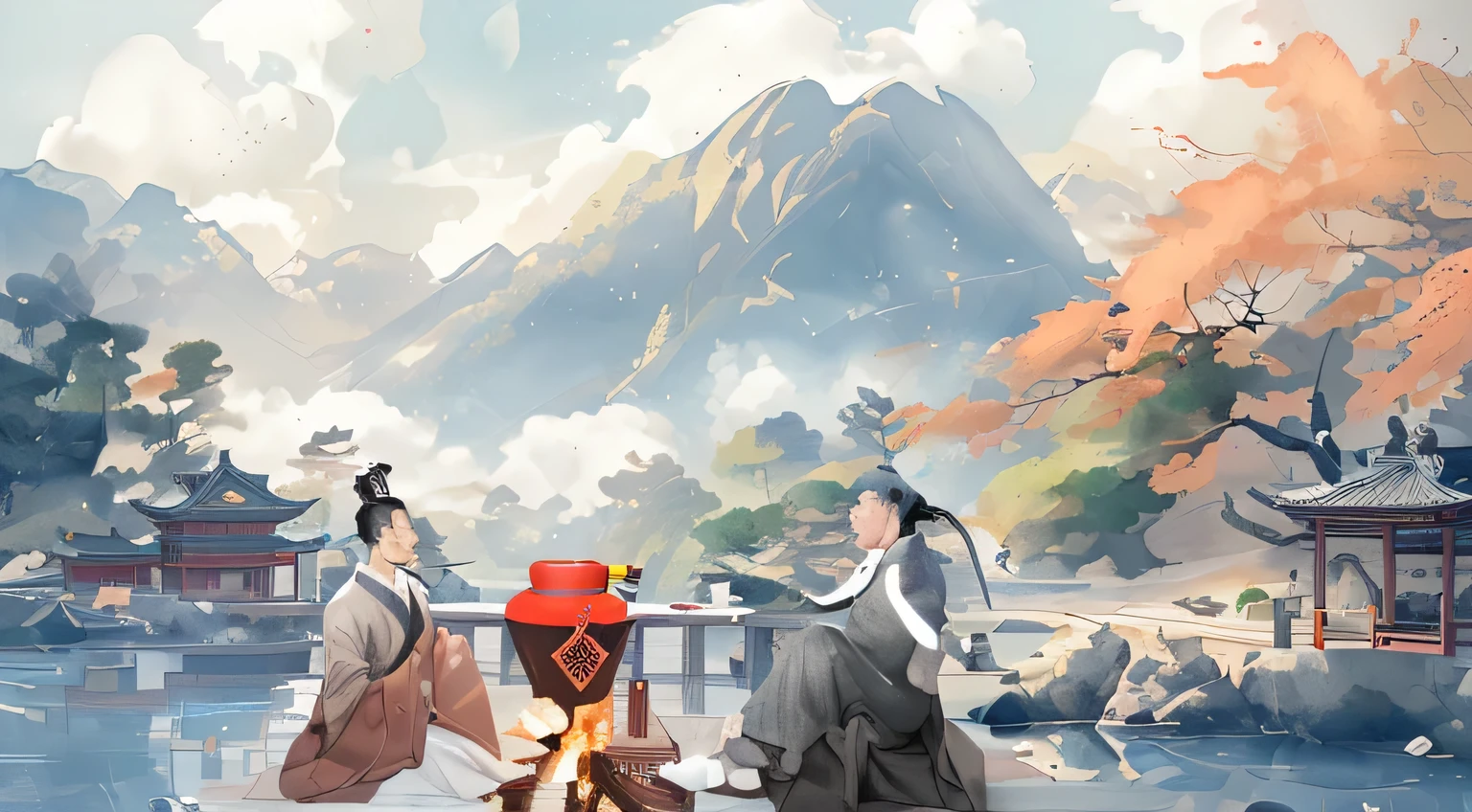 Two people sitting opposite each other, Chinese style men's landscape and ink painting, sitting opposite each other, drinking wine and burning stove