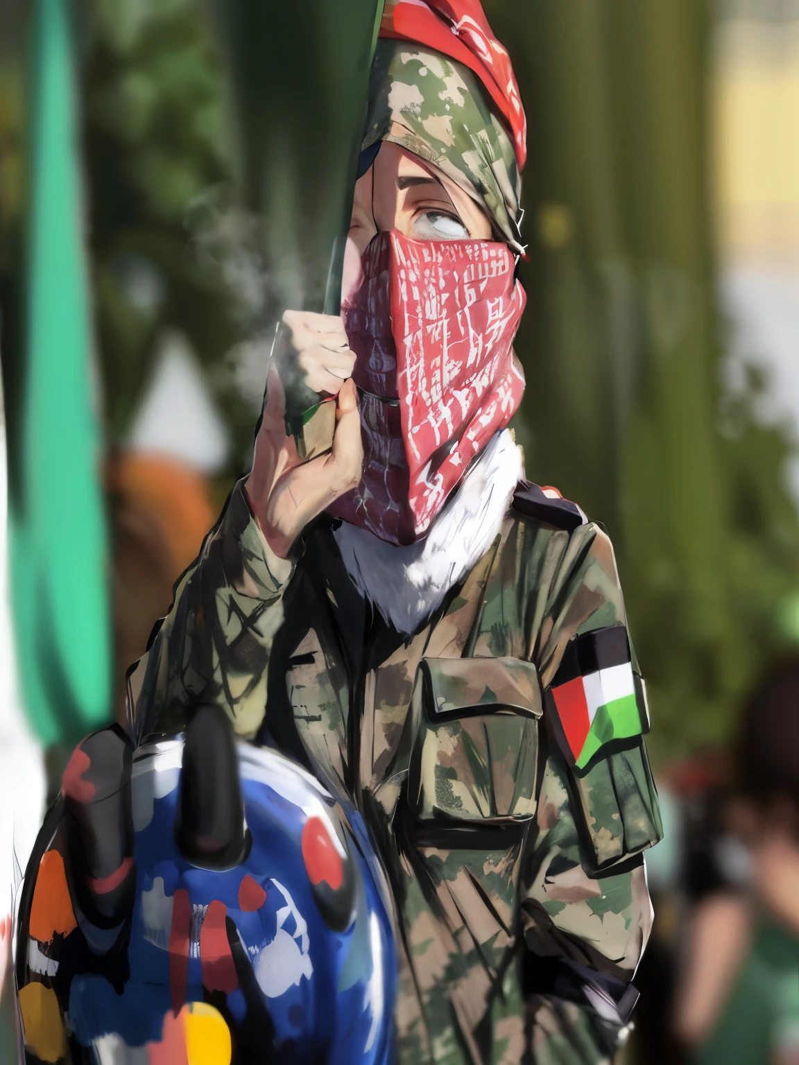 arafed soldier in camouflage with a red bandana and a white face covering, by Emanuel Witz, 3580780586, 426286286hoto from a spectator, jamel shabbaz, 2654465279, 4237549348