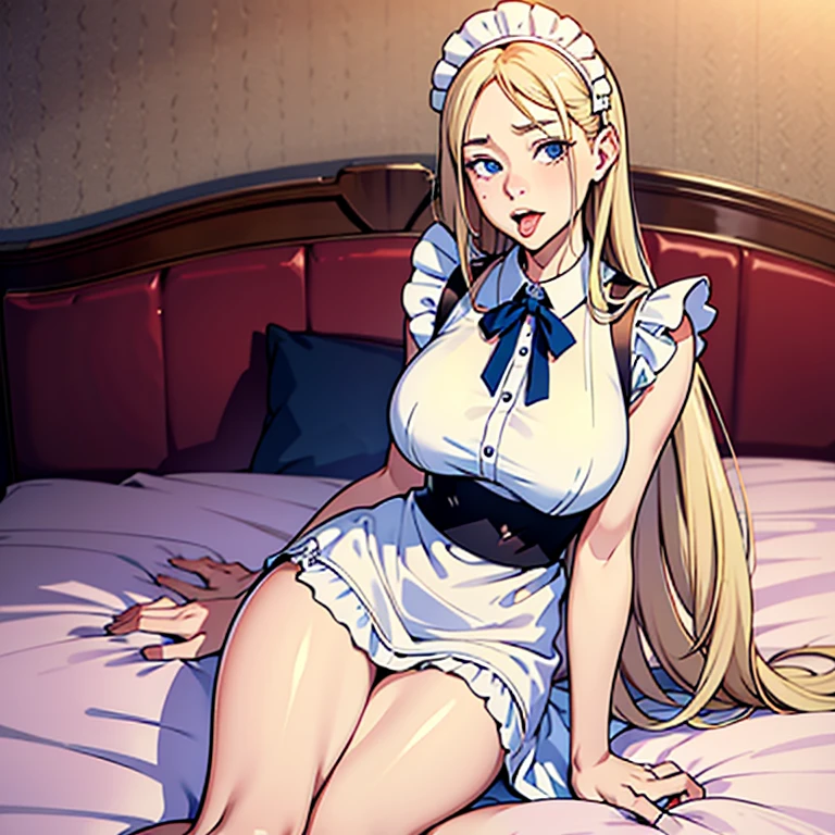 best picture quality，Empty expression，Positive face，Delicate facial features，long hair，Open your mouth slightly，Stick out your tongue and drool，Big breasts，Sitting on the bed，maid outfit，Good looking body，big white legs