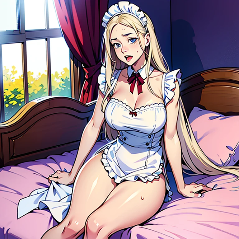 best picture quality，Empty expression，Positive face，Delicate facial features，long hair，Open your mouth slightly，Stick out your tongue and drool，Big breasts，Sitting on the bed，maid outfit，Good looking body，big white legs