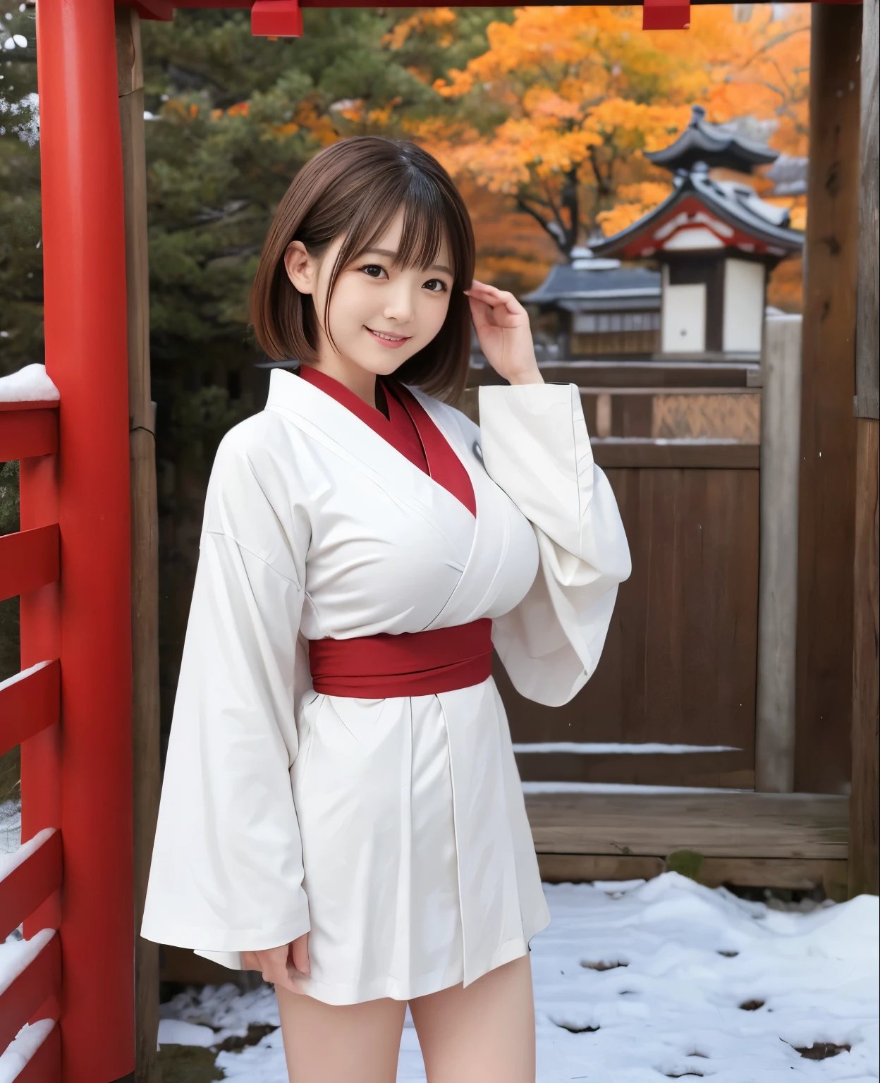 shrine、sunny winter weather、the leaves wither and fall、snow scene、snow-covered plants、Japanese clothing、plain white kimono、The skirt part is red、miko、Standing in front of the torii gate with the shrine behind、 Sakimi-chan,, nice and cute, innocent smile,  , nice smile, Sakimi-chan HDRI、loli big breasts、,(Big breasts that are about to burst:1.20),(beautiful big breasts 1:1)、brown hair、brown hairの髪、beautiful eyes、little girl with short bob