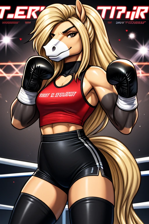 Top quality, Arrogant horse, arrogant grin, looks at the camera, blond long hair, in a red sleeveless high-neck top with a heart-shaped cutout on the chest, in black high-waisted sports shorts, in black thigh-high boots, in black boxing gloves, standing in the boxing ring, raised hands clenched into fists covering the lower part of the face, The illustration shows the whole body