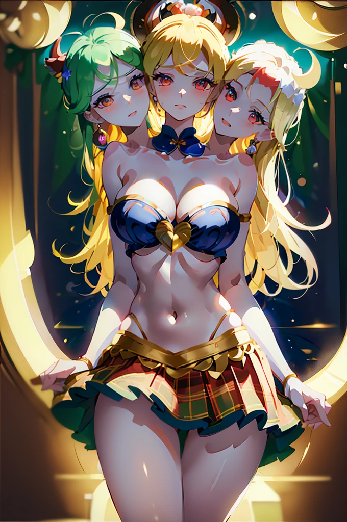 (masterpiece, best quality),best quality, (ultra-detailed), (3heads:1.5), 1girl, (hecatia lapislazuli (moon):1.3), masterpiece, best quality, black top, crop top, ((stomach)), midriff, ((groin)), black skirt, plaid skirt, normal ears, shackles, blonde hair, very long hair, wavy hair, sidelocks, red eyes, parted lips, single horn, sweat, cute, toned belly, hand on own chest, eyelashes, (24 year old woman:1.3), (masterpiece:1.4), (best quality:1.4), (beautiful detailed extremely detailed CG, extremely delicate and beautiful, depth of field, (finely detailed face), (perfect details:1.1), (mature female:1.3), wide pelvis, slender, large veiny breast, 8k resolution, very high quality, very high definition, extremely detailed, masterpiece, best quality, blonde hair, long hair, alluring presence, braid, short skirt, close up, big tits, young, striped, moon (ornament), 