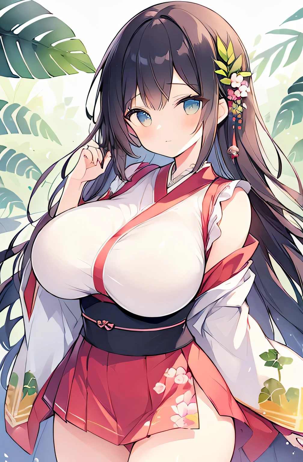 ((huge breasts)), beautiful breasts、(big breasts),Super detailed、#3b4195 background、Beautiful flowers、berry、Fern、leaf、Watercolor pattern in calm colors、(watercolor texture)、(1 girl)、long hair、cute、 short petite pretty woman, 、 Super-detailed face、detailed eyes, Smooth skin,(Japanese detailed uniform)