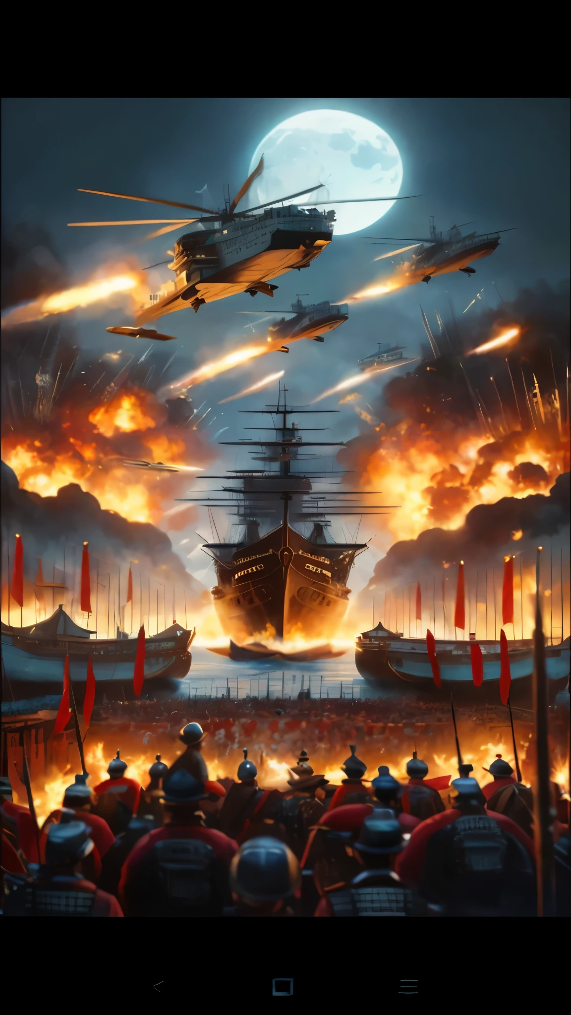 Painting of a group of people looking at a boat in the water, burning ship, Official poster artwork, epic naval battle, Flying ships in the background, epic poster art, ship on fire, official artwork, epic promotional poster,Inspired by Noriyoshi Oi, and Mumford Tom Bagshaw., 