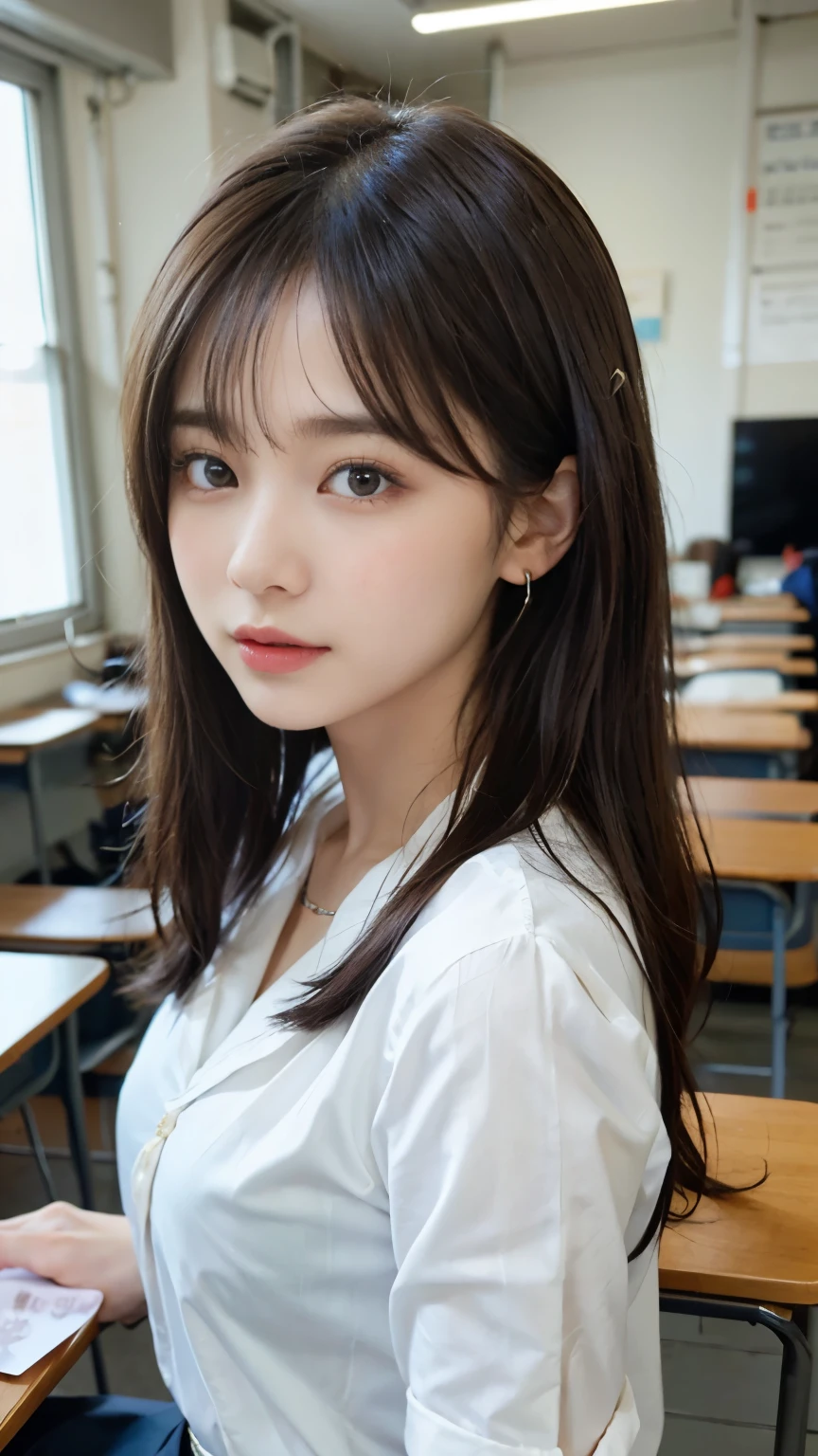 photorealism、highest quality、Super high resolution、picture、Photo of an exquisitely beautiful Scandinavian girl、extraordinary beautiful girl、Highlights of cheek luster、cute and beautiful face details、(Pure Eros Face_v1:0.008)、beautiful bangs、shiny skin、shiny beautiful bright hair、Silky hair、thin hair、high definition eyes、perfect body, Bright and clear, Eyes shine attractively、eyeliner、Body shape like double eyelids、Sparkling small earrings and necklace、18-year-old, A neat and clean woman , upturned chest, On a desk in a classroom、Black-brown hair、blue gray eyes,(girls high school uniform:1.4)、