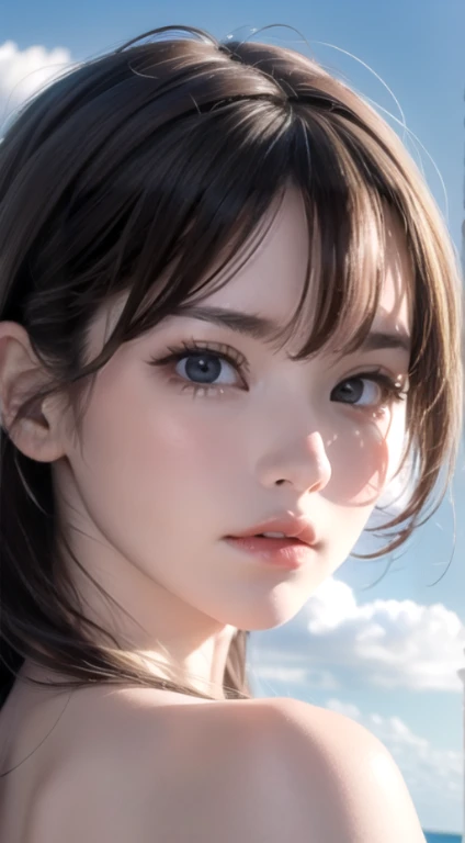 (best quality,4k,8k,highres,masterpiece:1.2),ultra-detailed,(realistic,photorealistic,photo-realistic:1.37),1girl,beautiful detailed eyes,beautiful detailed lips,extremely detailed eyes and face,longeyelashes,portraits,blue_sky,polka_dot,solo,cloudy_sky,bird,seagull,flock,outdoors,Abigail,butterfly,sky,cloud,day,HDR,vivid colors,sharp focus