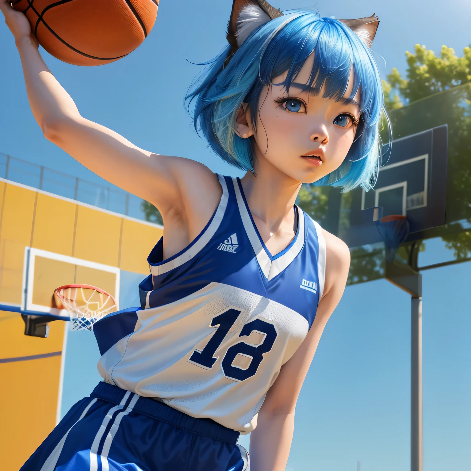 (8k, HDR, RAW photo, best quality, masterpiece:1.2, realistic lighting), cowboy shot view, korean girl, solo, serious expression, wearing blue basketball shirt, blue skirt, (bob cuts hair), ((sky blue hair)), (messy hair), path traced hair, (sky blue cat ears), ((sky blue eyes)), beauty eyes, (thin face), (flat chest), (small breasts), (basketball court:1.3), playing basketball, look up, upper body.