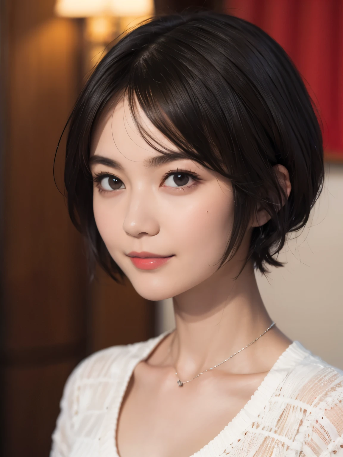 143
(20 year old woman), (surreal), (High level image quality), ((beautiful hairstyle 46)), ((short hair:1.46)), (gentle smile), (breasted:1.1), (lipstick)