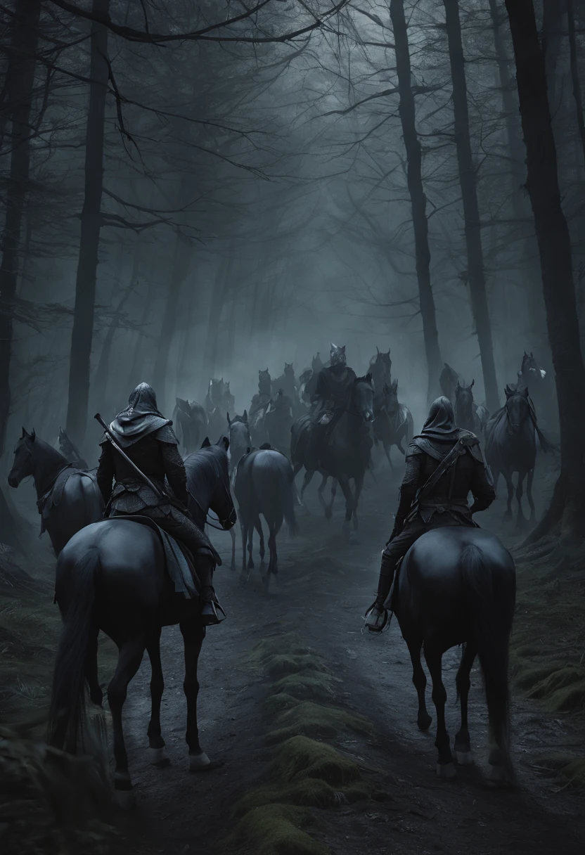 ral-mythcr, wild hunt, mythical creature, a photorealistic image of the Wild Hunt, a dramatic and mystical scene set in a dark, foreboding forest, the scene features ghostly figures on horsesï¼