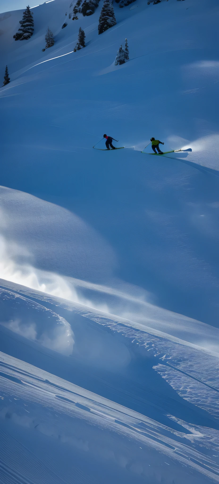 skiers are skiing down a snowy mountain slope in the sun, snow dunes, crisp smooth lines, powder, The contour  sharp, gentle snow, crispy continuously, cold texture, clear lines, winter blue curtains, Exquisite and smooth details, Soft surface texture, snow, smooth contours, smooth texture, beautiful soft lighting, smooth lines, soft shadow