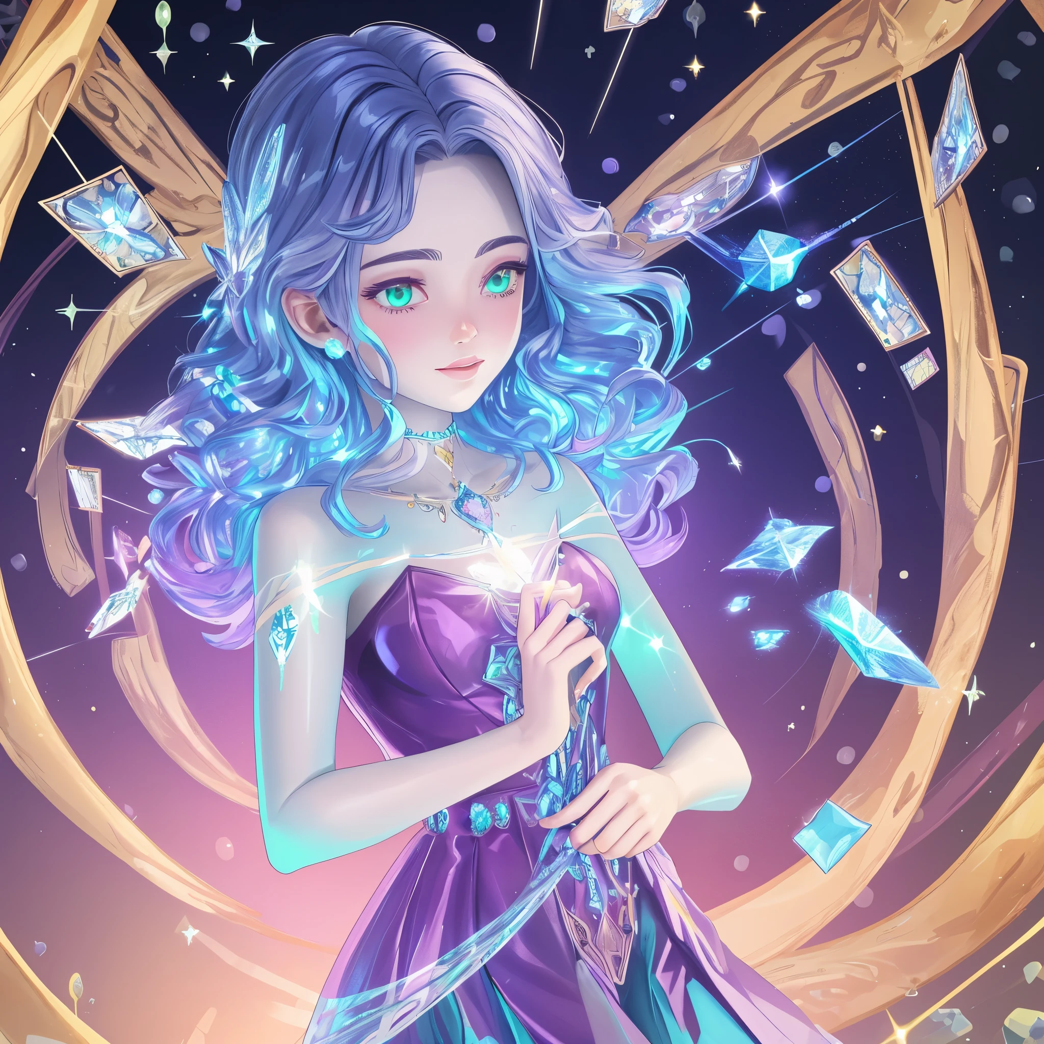 Create a stunning digital artwork of a mystical fortune teller surrounded by shimmering crystals and glowing tarot cards.