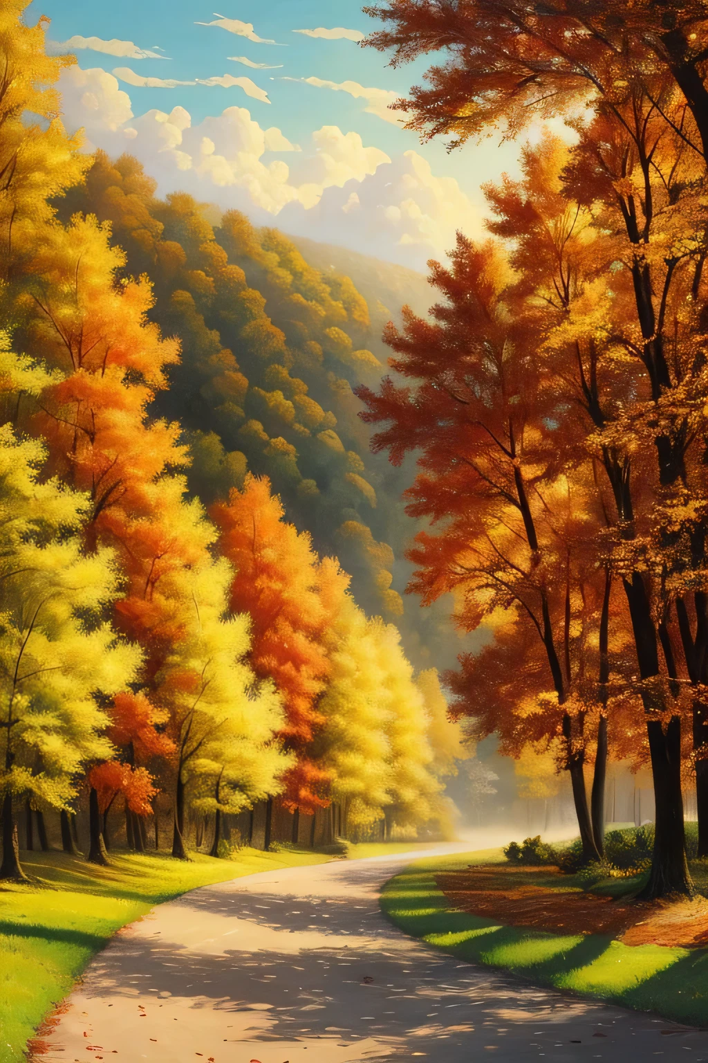 An autumn landscape unveils before your eyes. The focal point of the scene is a mesmerizing display of dancing leaves as they are swept up and carried away by the wind. The leaves, vibrant and aflame in shades of crimson, golden yellow, and burnt orange, create a breathtaking spectacle against the backdrop of the darkening sky.

The medium employed to bring this scene to life is that of an intricate oil painting. The artist skillfully utilizes rich, textured brushstrokes to capture the essence of each leaf, emphasizing their delicate veins and the gentle movement they undergo. The use of contrasting hues and blending techniques accentuates the realism and depth of the artwork, evoking a strong sense of autumnal ambiance.

Adding to the charm of the painting, the artist pays meticulous attention to the additional details. Fallen leaves scatter the ground, forming a colorful blanket that invites both admiration and contemplation. In the background, a serene countryside landscape emerges, with rolling hills adorned in shades of amber and a quaint wooden cabin partially obscured by the falling leaves.

The image quality is of utmost importance, demanding the highest standards. With an emphasis on 4K resolution and extraordinary detail, the scene shines brilliantly upon viewing. The mastery of light and shadow, achieved through the artist's precise use of studio lighting, enhances the immersive experience. The viewer can almost feel the warmth of the sunlight seeping through the branches, casting flickering shadows that dance in synchrony with the leaves.

The chosen artistic style for this masterpiece is that of realism, allowing for a faithful representation of nature's beauty. The shades and tones selected align harmoniously with the autumn color palette, imbuing the painting with a sense of tranquility and nostalgia. Warm earth tones dominate, while accents of cool blues and purples in the sky enhance the feeling of crispness in the air.
