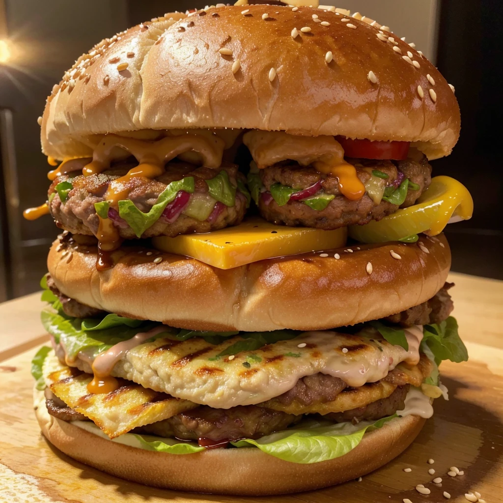(happy expression,close-up view),burger,delicious,meat,juicy,tasty,appetizing,mouth-watering,cheese,tomato,lettuce,sesame seeds,bun,beef,pickles,onion,mustard,mayonnaise,ketchup,grilled,grilled marks,greasy,thick,juices dripping,savoring the flavors,take a big bite,crunchy,teeth sinking,good aroma,pleasing aroma,loving the taste,satisfying,hungry,big portion,fast food,snack,comfort food,(best quality,4k,8k,highres,masterpiece:1.2),ultra-detailed,(realistic,photorealistic,photo-realistic:1.37),vivid colors,lighting accentuates the burger,highlights the textures,tempting,irresistible,palatable