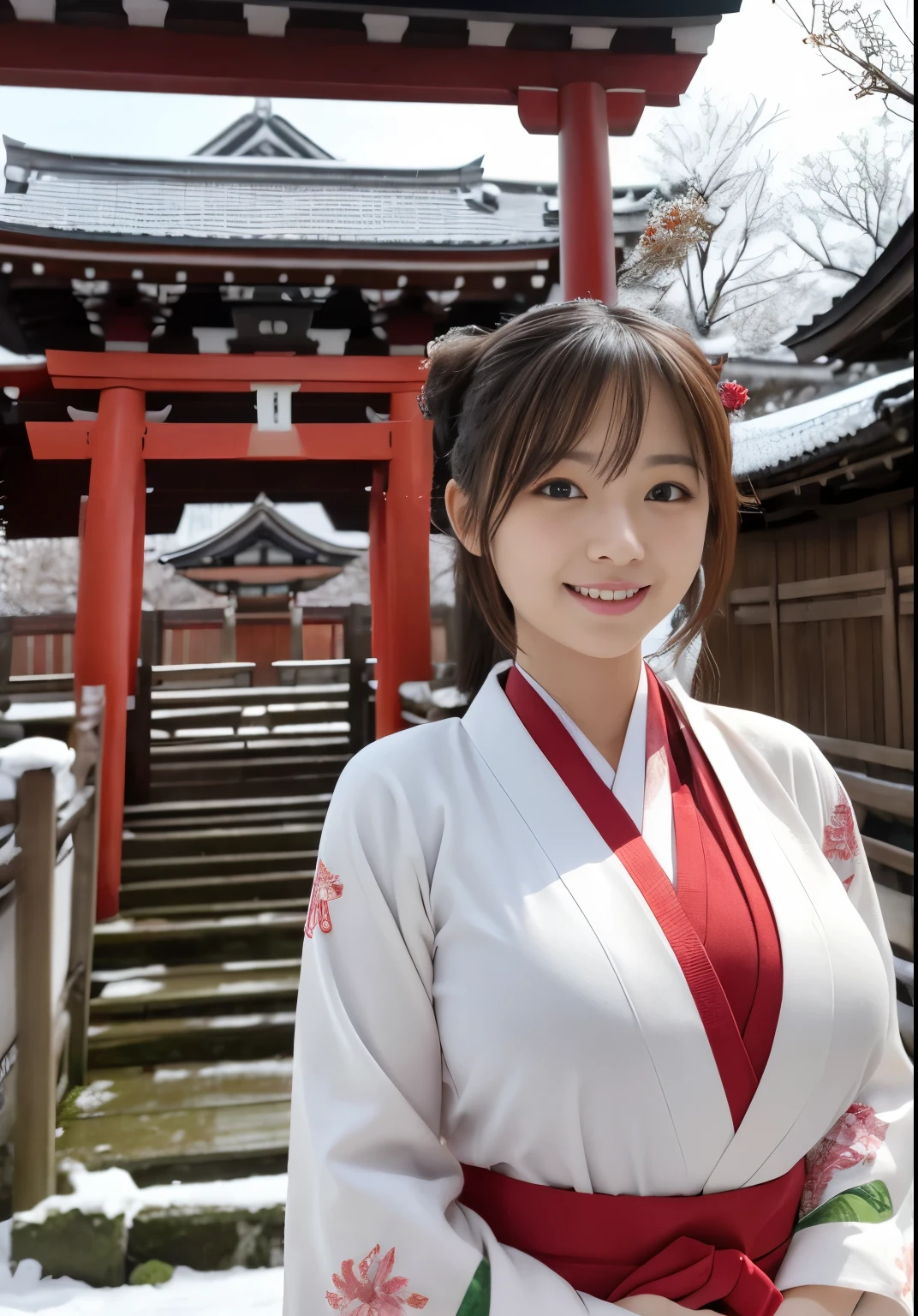  shrine、sunny winter weather、the leaves wither and fall、snow scene、snow-covered plants、Japanese clothing、plain white kimono、The skirt part is red、miko、Standing in front of the torii gate with the shrine behind、 Sakimi-chan,, nice and cute, innocent smile,  , nice smile, Sakimi-chan HDRI、li big breasts、,(Big breasts that are about to burst:1.20),(beautiful big breasts 1:1)、brown hair、brown hairの髪、beautiful eyes、liirl with short bob