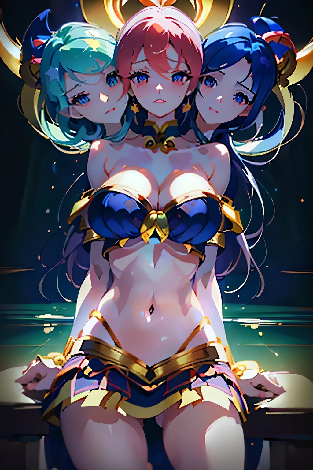 (masterpiece, best quality),best quality, best resolution, (ultra-detailed), (3heads:1.5), 1girl, (hecatia lapislazuli (earth):1.3), masterpiece, best quality, black top, crop top, ((stomach)), midriff, ((groin)), plaid skirt, miniskirt, multicolored skirt, normal ears, shackles, blue hair, very long hair, wavy hair, sidelocks, blue eyes, parted lips, single horn, sweat, cute, toned belly, hand on own chest, eyelashes, (24 year old woman:1.3), (masterpiece:1.4), (best quality:1.4), (beautiful detailed extremely detailed CG, extremely delicate and beautiful, depth of field, (finely detailed face), (perfect details:1.1), (mature female:1.3), wide pelvis, slender, large veiny breast, 8k resolution, high quality, high definition, extremely detailed, masterpiece, best quality, blue hair, long hair, alluring presence, twin braid, short skirt, close up, big tits, young, striped, earth (ornament)