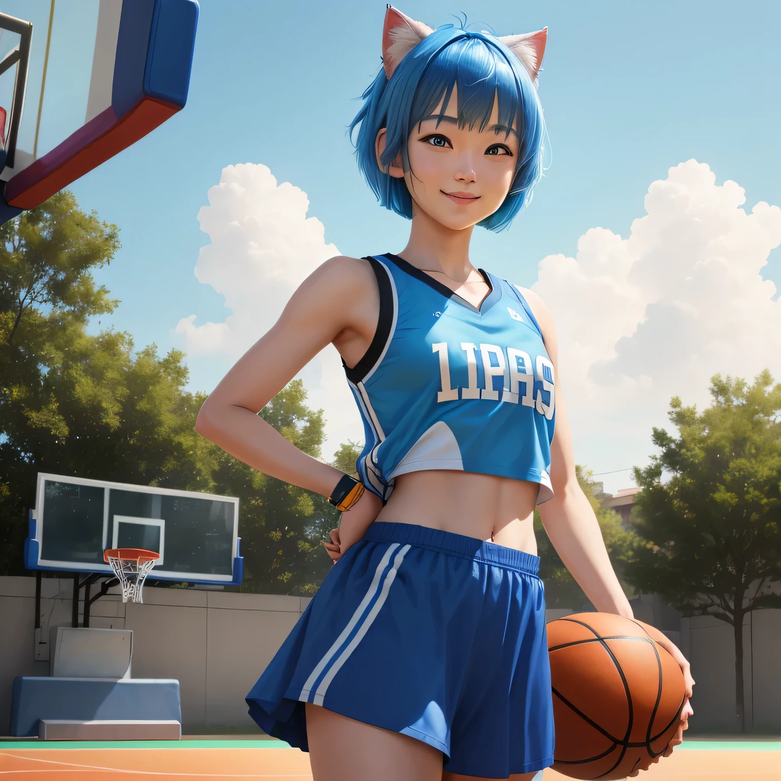 (8k, HDR, RAW photo, best quality, masterpiece:1.2, realistic lighting), cowboy shot view, look at viewer, korean girl, solo, grinning smile, wearing blue basketball shirt, blue skirt, (bob cuts hair), ((sky blue hair)), (messy hair), path traced hair, (sky blue cat ears), ((sky blue eyes)), beauty eyes, (thin face), (flat chest), (small breasts), (basketball court:1.3), playing basketball, look up, upper body.