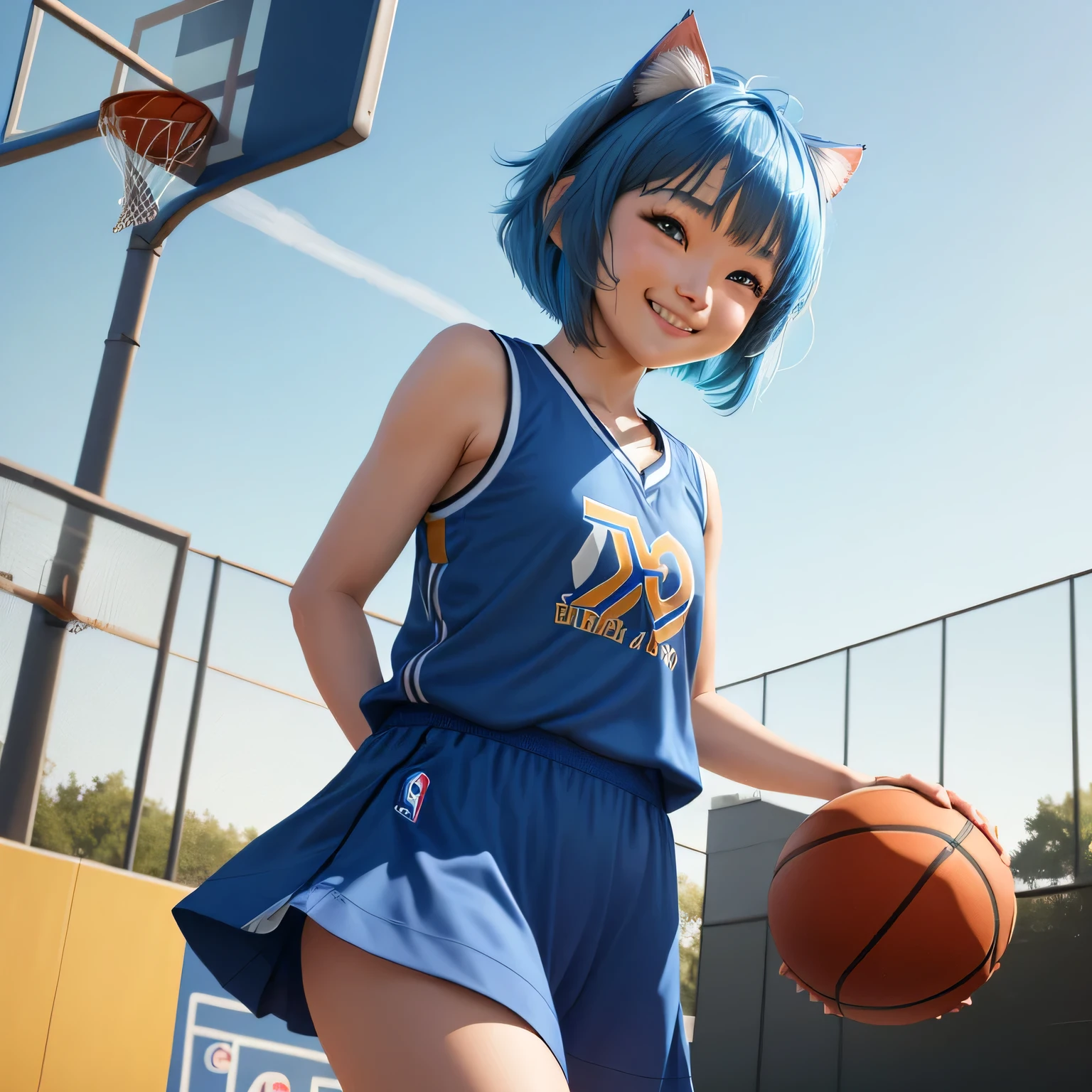 (8k, HDR, RAW photo, best quality, masterpiece:1.2, realistic lighting), cowboy shot view, look at viewer, korean girl, solo, grinning smile, wearing blue basketball shirt, blue skirt, (bob cuts hair), ((sky blue hair)), (messy hair), path traced hair, (sky blue cat ears), ((sky blue eyes)), beauty eyes, (thin face), (flat chest), (small breasts), (basketball court:1.3), playing basketball, look up, upper body.