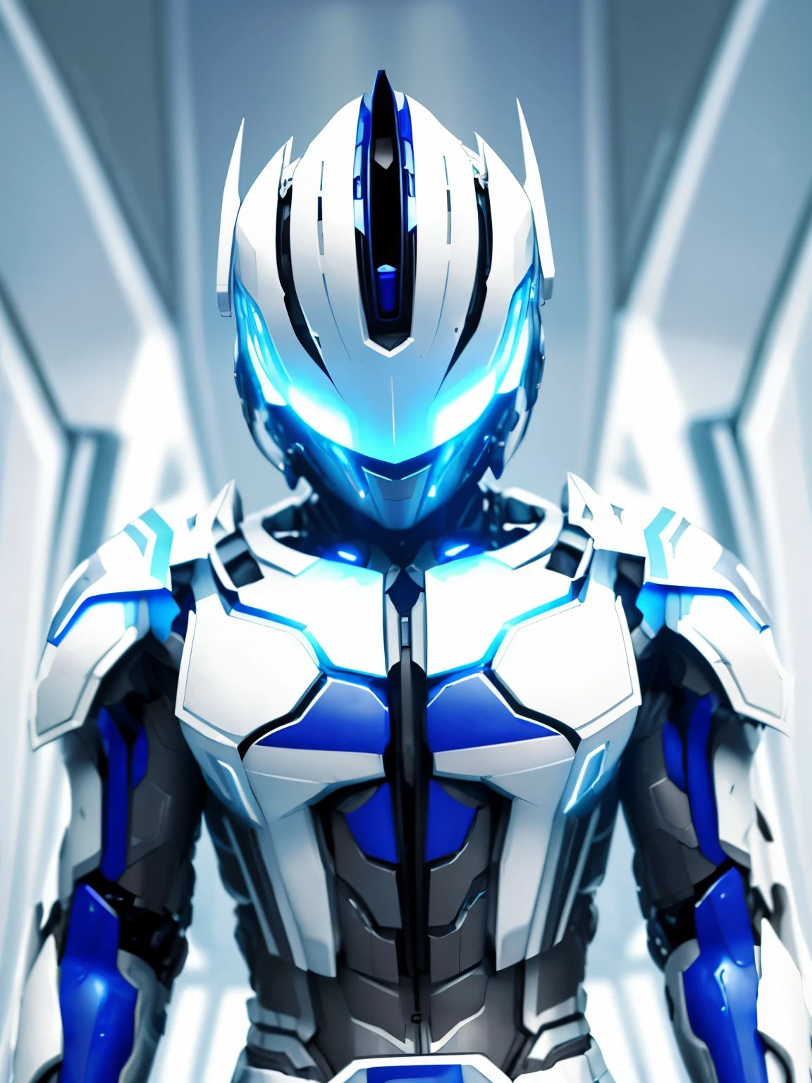 realistic,Close-up of a robot with a futuristic look,special effects,Symmetrical design,super high quality,Depicted in every detail, in white futuristic armor, 流線型のwhite armor, 洗練されたwhite armor, futuristic clothes and helmet,mecha suit, sleek 流線型のwhite armor, cyber suit, white armor,There are details on the armor., black undersuit,futuristic armor, cyber japan armor, 滑らかなwhite armor, Rider Suit, cyber japan style armor