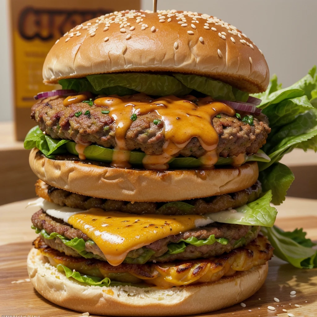 a man,happily eating a burger,close-up view of the burger meat,tasty and juicy meat,thick juicy patty,mouth-watering seasoning,crispy lettuce,fresh tomatoes,soft sesame bun,delicious melted cheese,perfectly toasted bun,grilled onions,sesame seeds on the bun,cheesy sauce dripping from the patty,savoring every bite,extraordinary burger experience,highest quality ingredients,succulent aroma,juices oozing out with every bite,smoky grilled flavor,tempting presentation,irresistible combination of flavors and textures,(best quality,4k,8k,highres,masterpiece:1.2),ultra-detailed,(realistic,photorealistic,photo-realistic:1.37),HDR,UHD,vivid colors,studio lighting