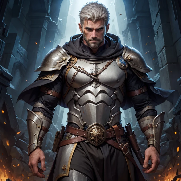 A very detailed fantasy illustration a stoic handsome male paladin in his 50's. He is incredibly muscular. He has short grey hair. He has a scars on his face. He is surrounded by darkness. But, a beam of light shines on him.