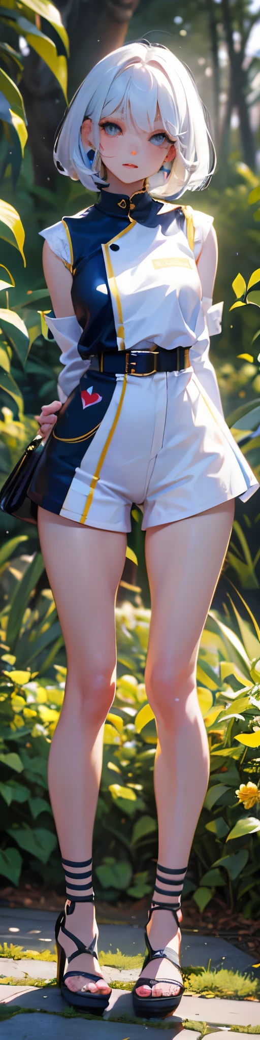(NSFW:1.2),master part, best quality, High_resolution, finamente detalhado, Extremamente detalhado e bonito, diferente_imagem, 1 girl, sozinho, de baixo, cabelos prateados, olhos vermelhos, (Seios enormes), (Peito Inferior), Ao ar livre, vegetation, botanic garden, shorts de golfinho, arms behind back,Olhando para o Viewer, cabelos pretos, vestido branco, bareshoulders, cabelo entre os olhos, olhos amarelos, asas emplumadaoco na bunda:1.5),lacuna na coxa,